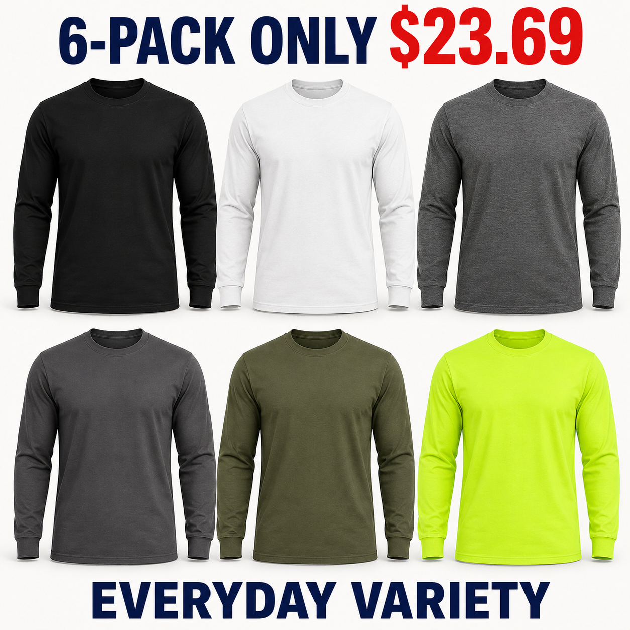 6-Pack Everyday Variety 100 percent cotton long-sleeve shirts, Only $23.69