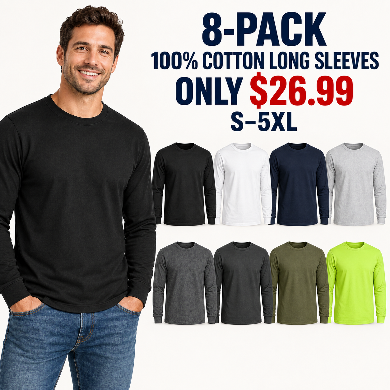 8-Pack All Colors 100 percent cotton long-sleeve shirts with model, Only $26.99