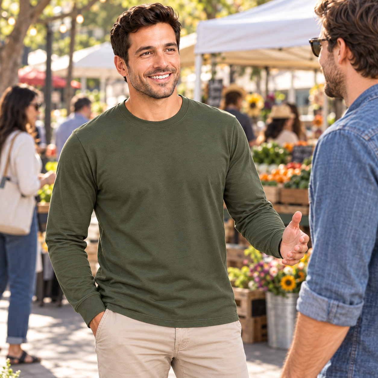 Military Green 100 percent cotton long-sleeve shirt in same-model weekend friend meetup scene