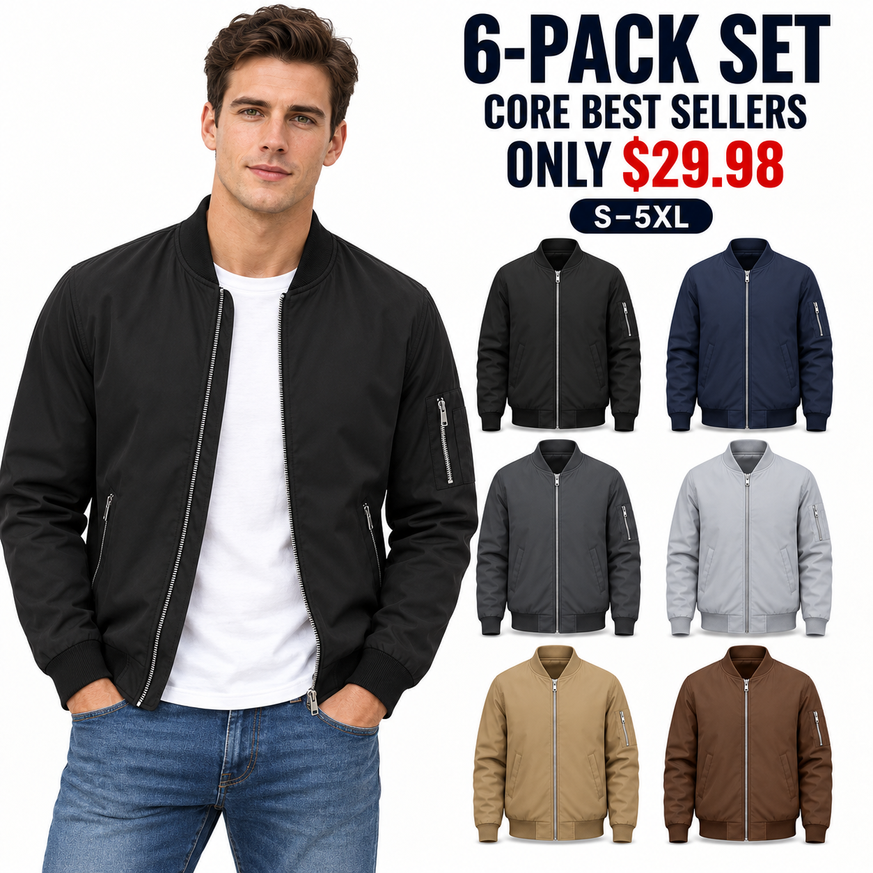 6-Pack Core Neutrals bomber jacket multipack with clean-cut male model, Only $29.98
