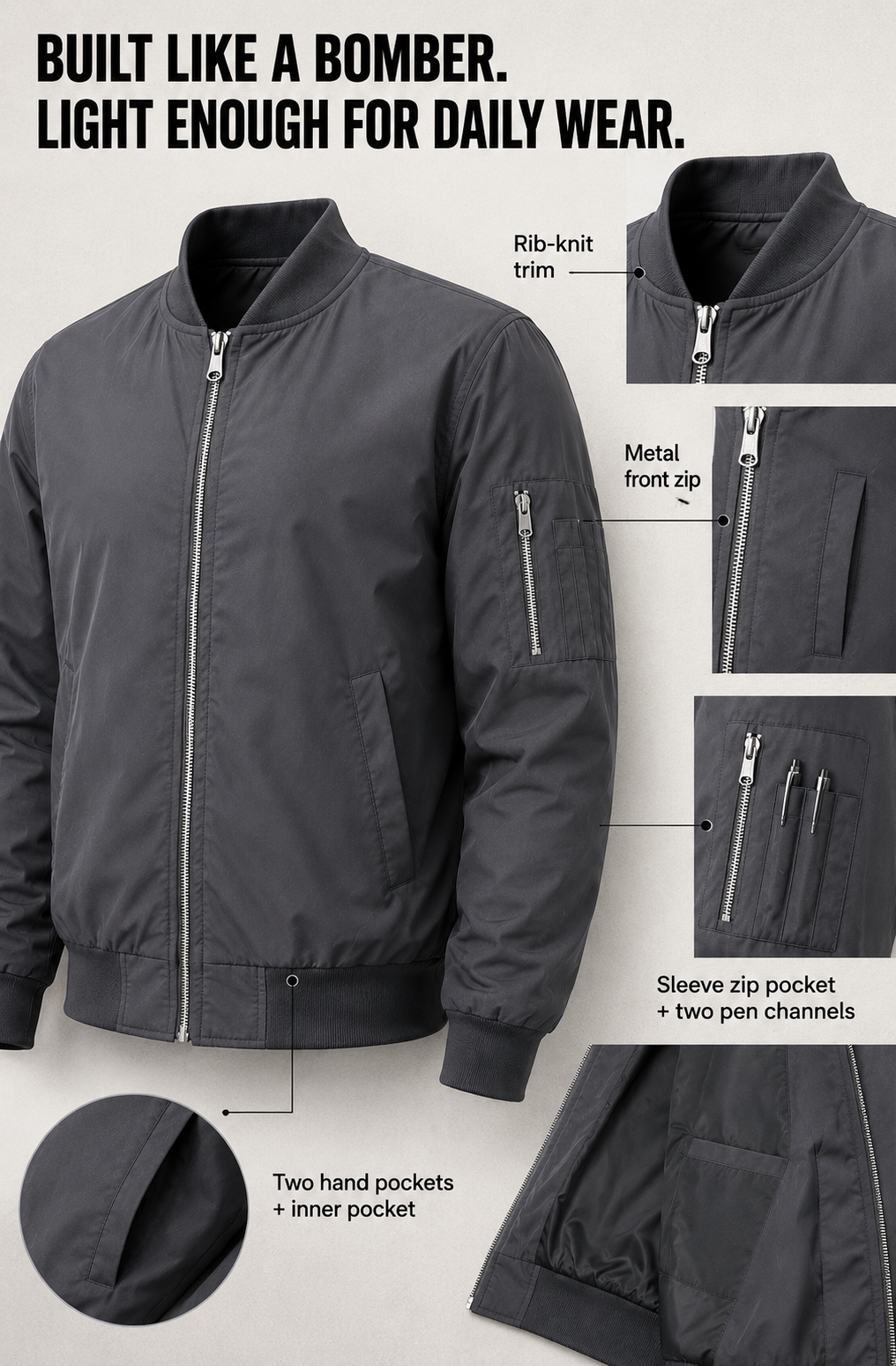 Bomber jacket rib-knit trim metal zipper and pocket construction details