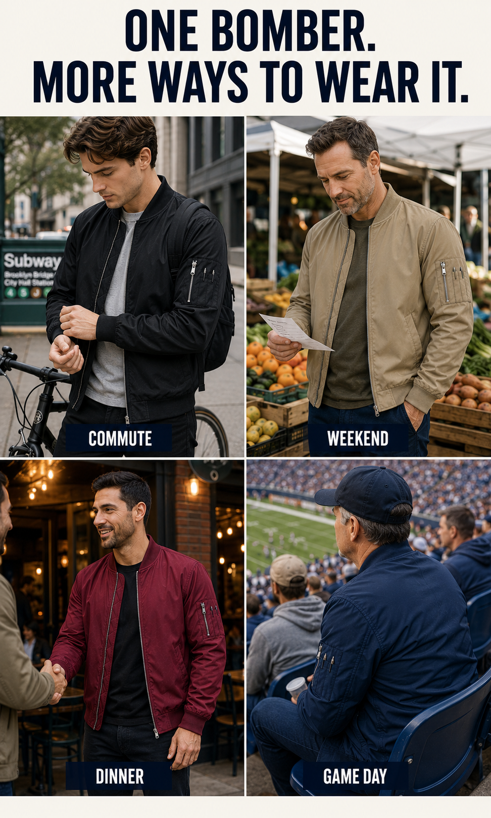 Bomber jacket commute weekend dinner and game-day wear scenes