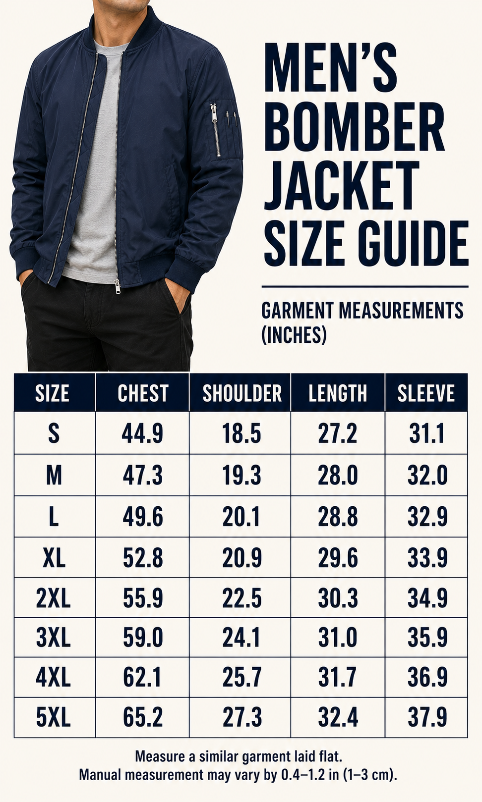 Men lightweight bomber jacket garment size guide S through 5XL