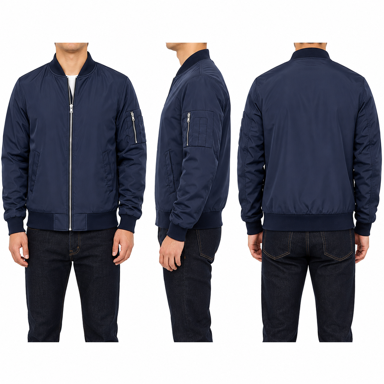 Navy lightweight bomber jacket front side and back fit views