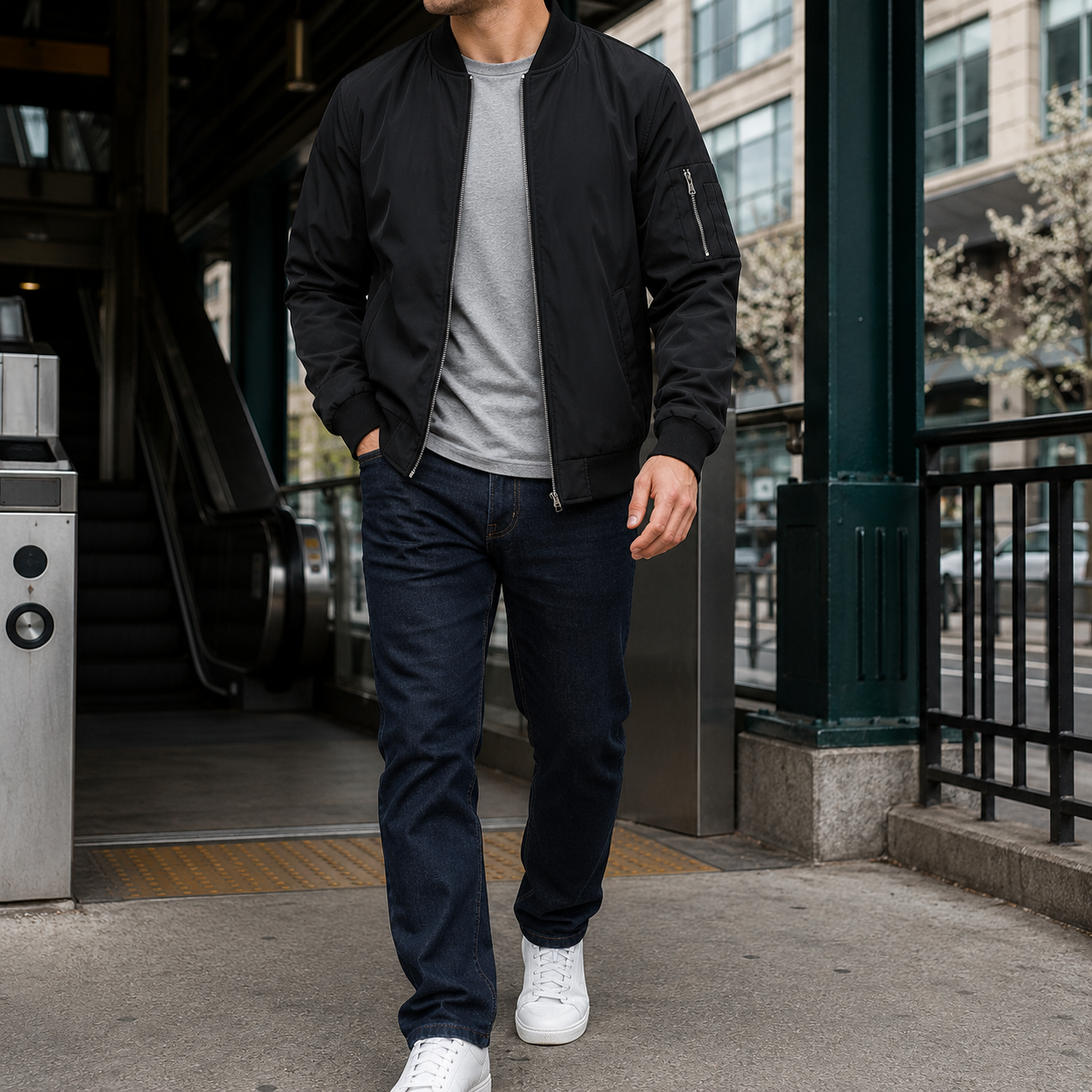 Black lightweight bomber jacket worn for an everyday commute