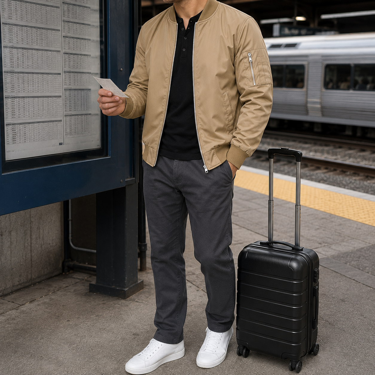 Khaki lightweight bomber jacket worn for casual travel
