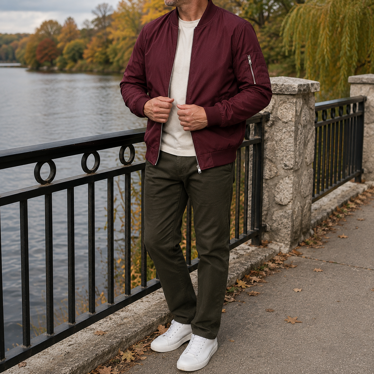 Wine red lightweight bomber jacket worn for a park walk