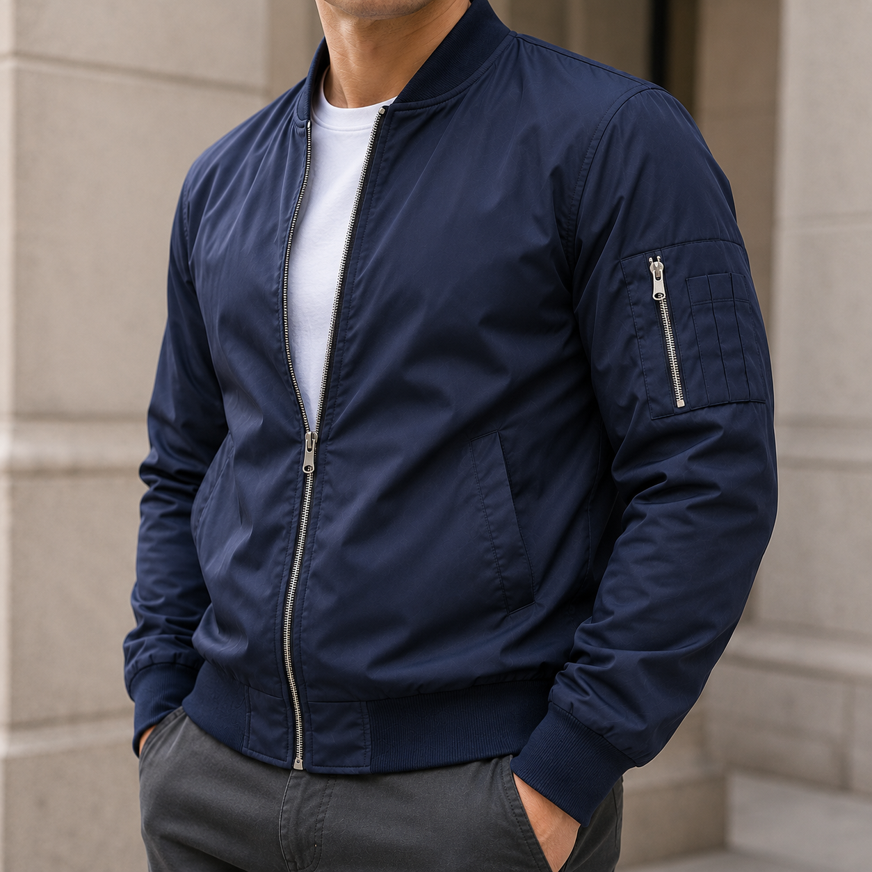 Close on-body view of the left-sleeve zipper pocket and pen channels