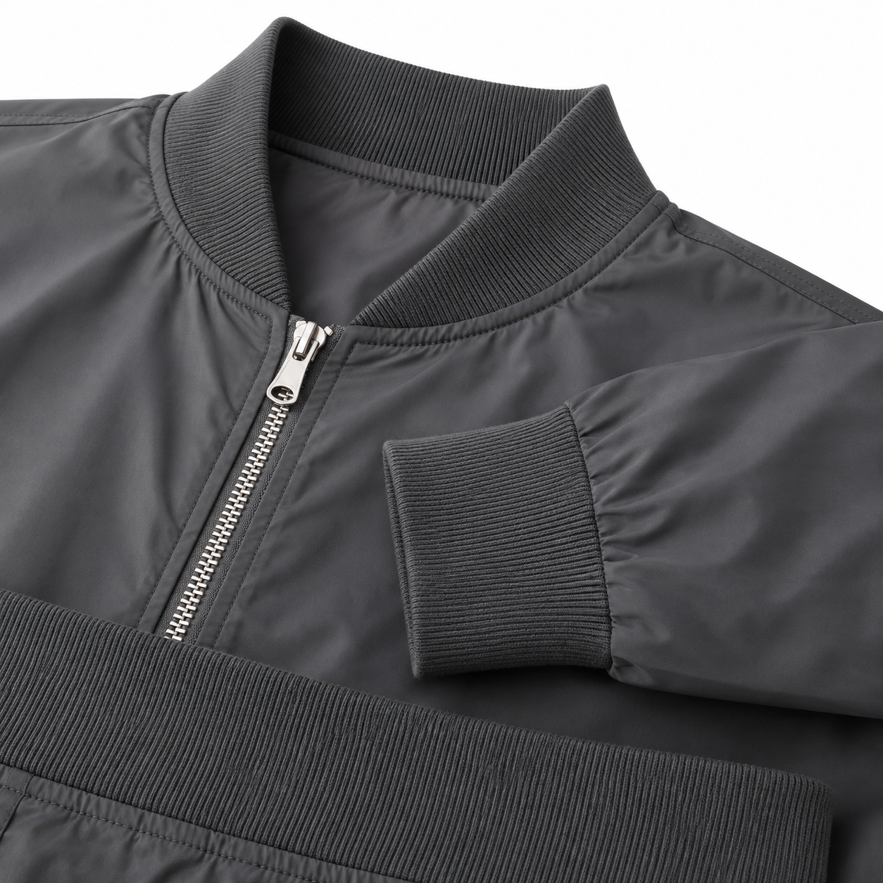 Rib-knit bomber collar cuffs and waistband detail
