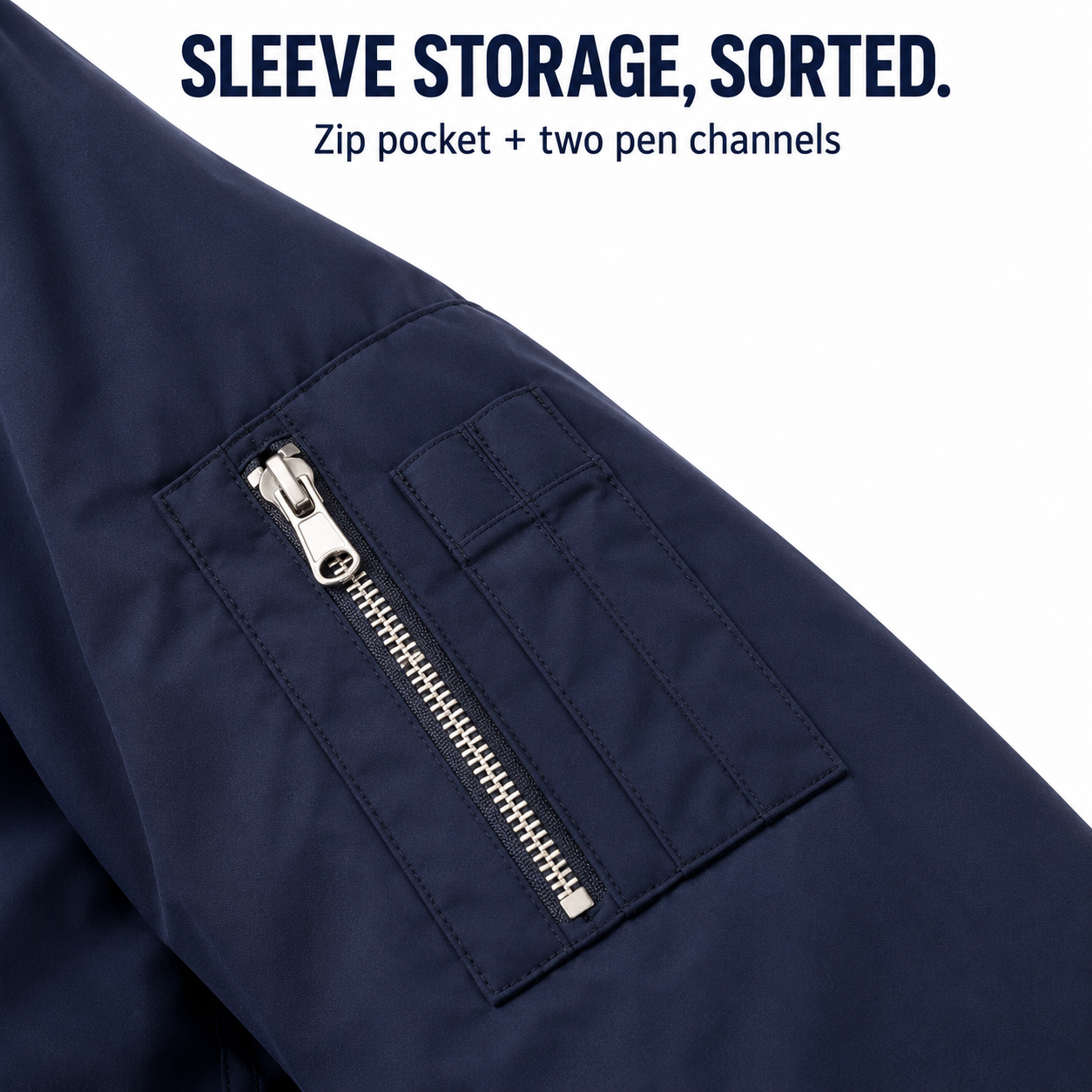 Left upper-sleeve zipper pocket with two pen channels