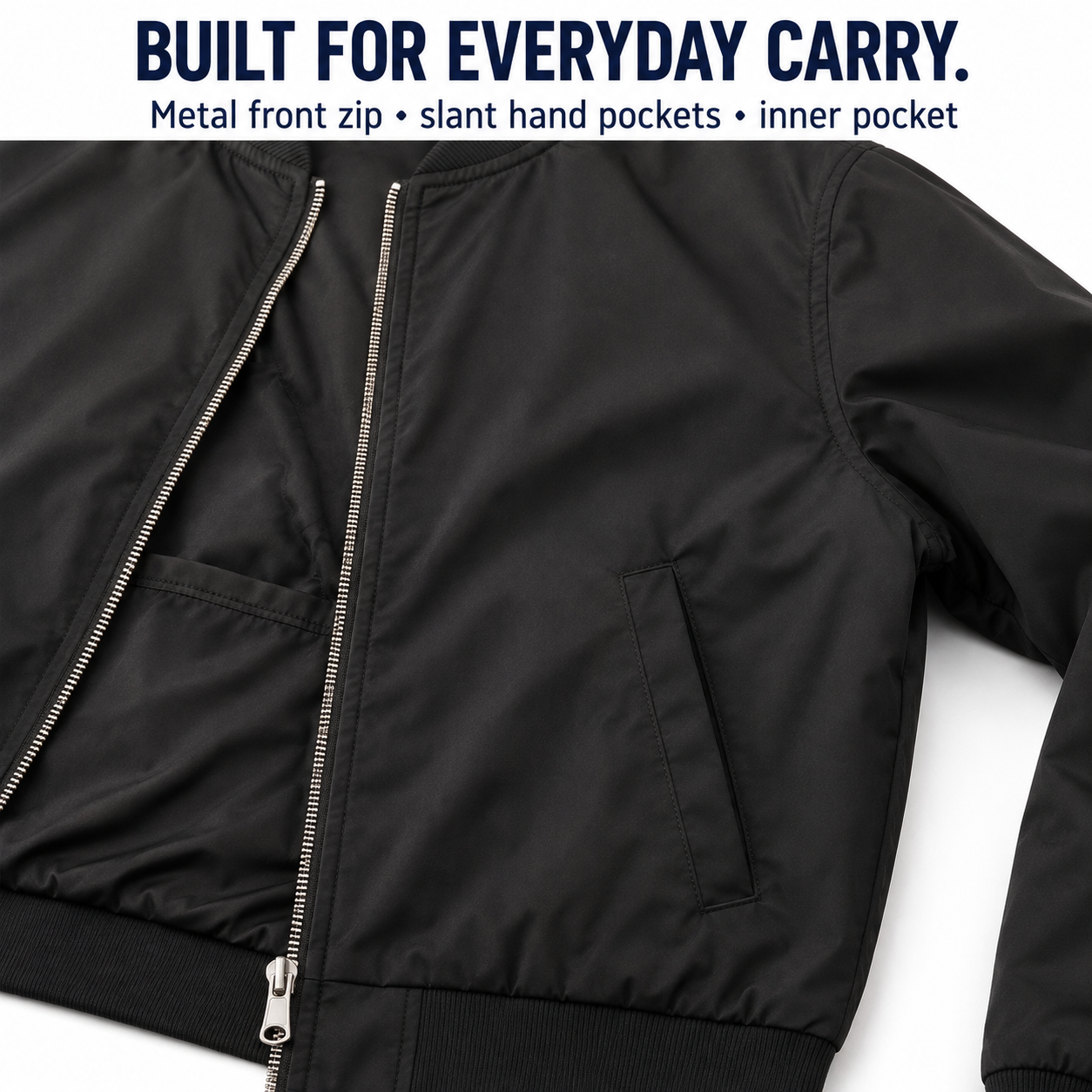 Full metal front zipper slant hand pockets and inner pocket details
