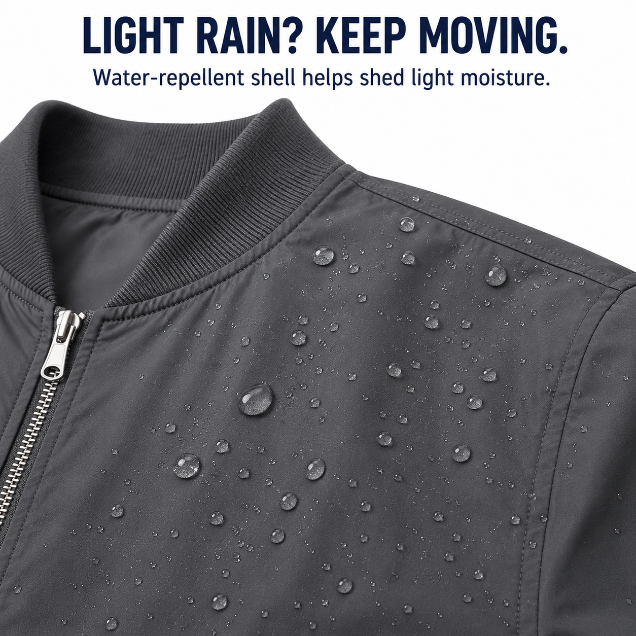 Water-repellent polyester shell helps shed light rain