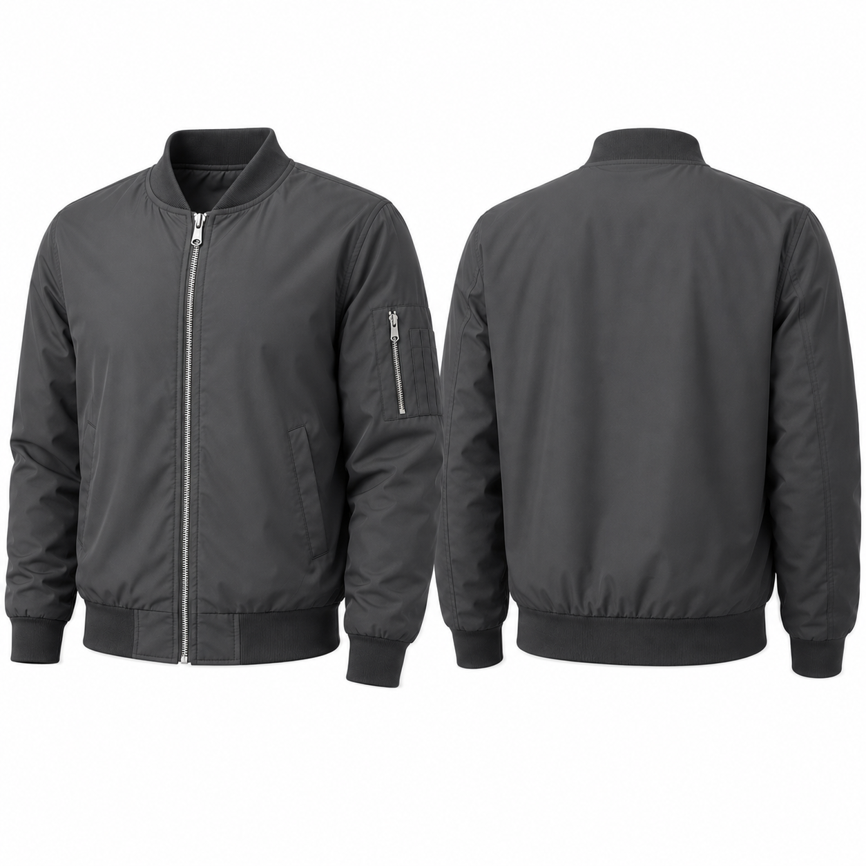 Dark gray lightweight bomber jacket front and back