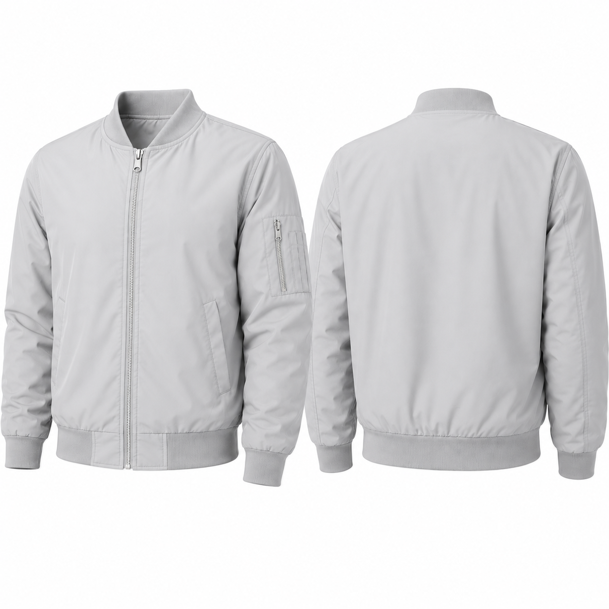 Light gray lightweight bomber jacket front and back