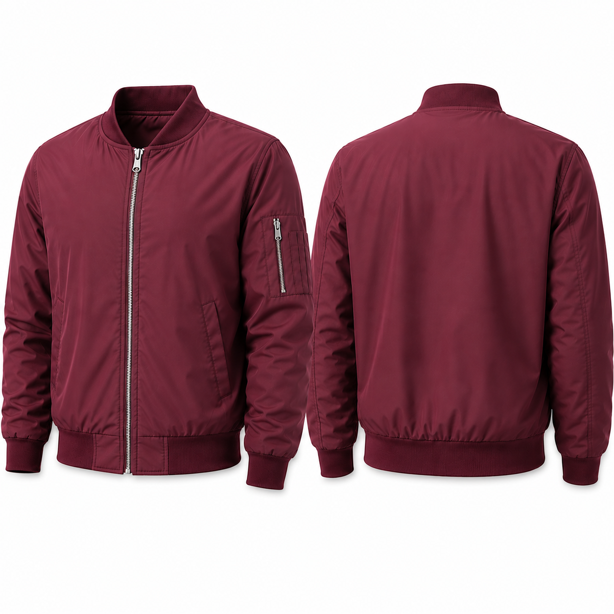 Wine red lightweight bomber jacket front and back