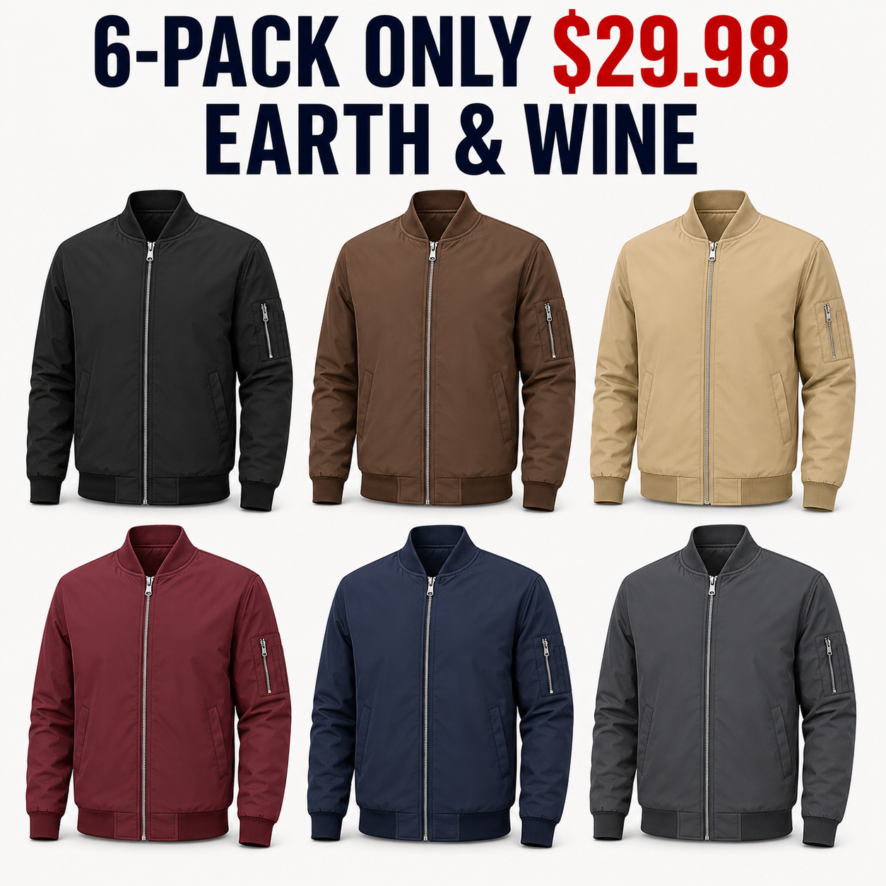6-Pack Earth and Wine lightweight bomber jackets, Only $29.98