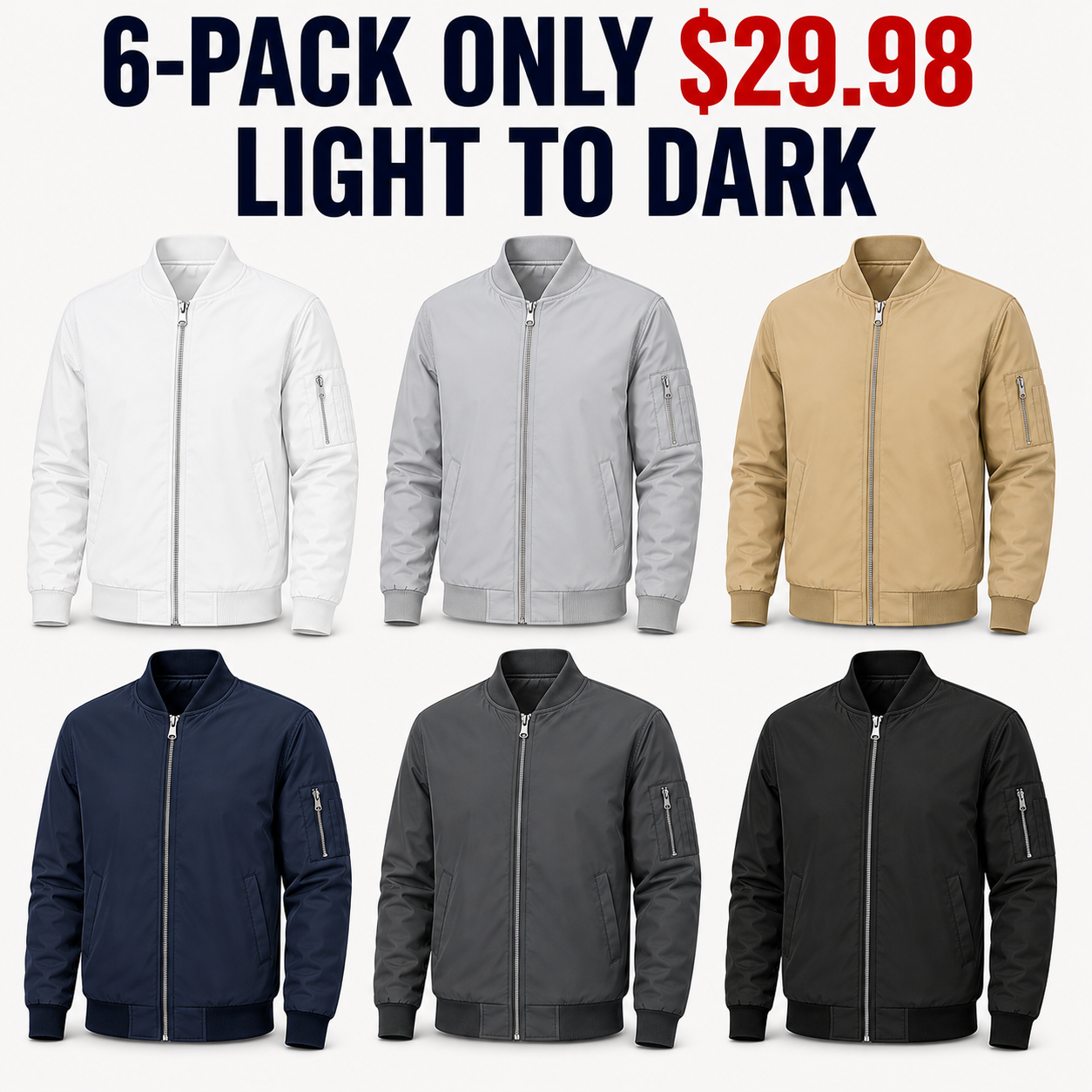 6-Pack Light-to-Dark lightweight bomber jackets, Only $29.98