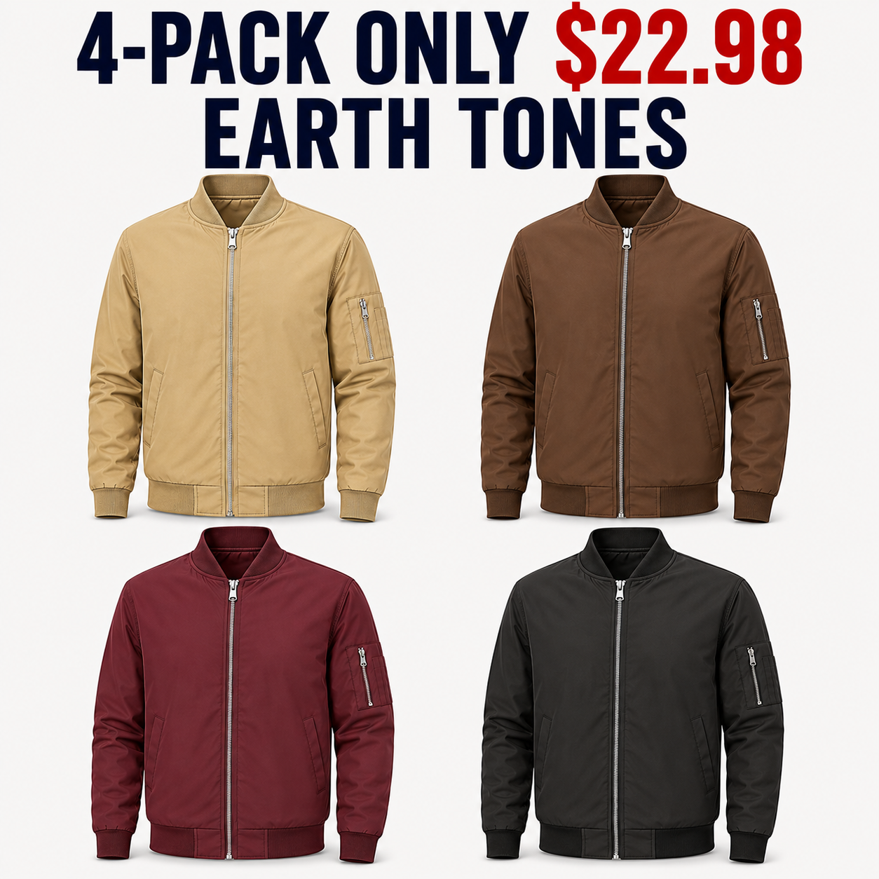 4-Pack Earth Tones lightweight bomber jackets, Only $22.98