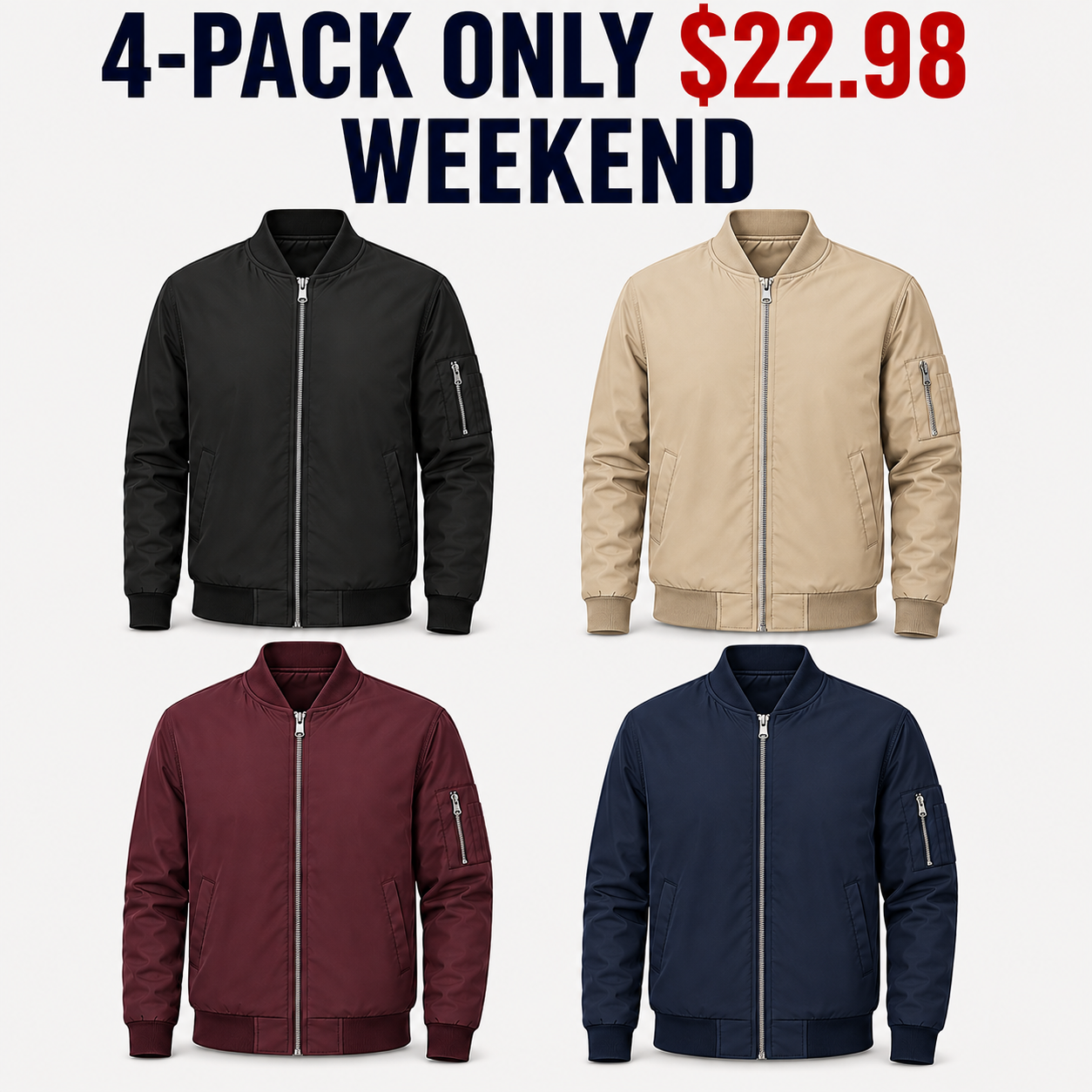 4-Pack Weekend lightweight bomber jackets, Only $22.98