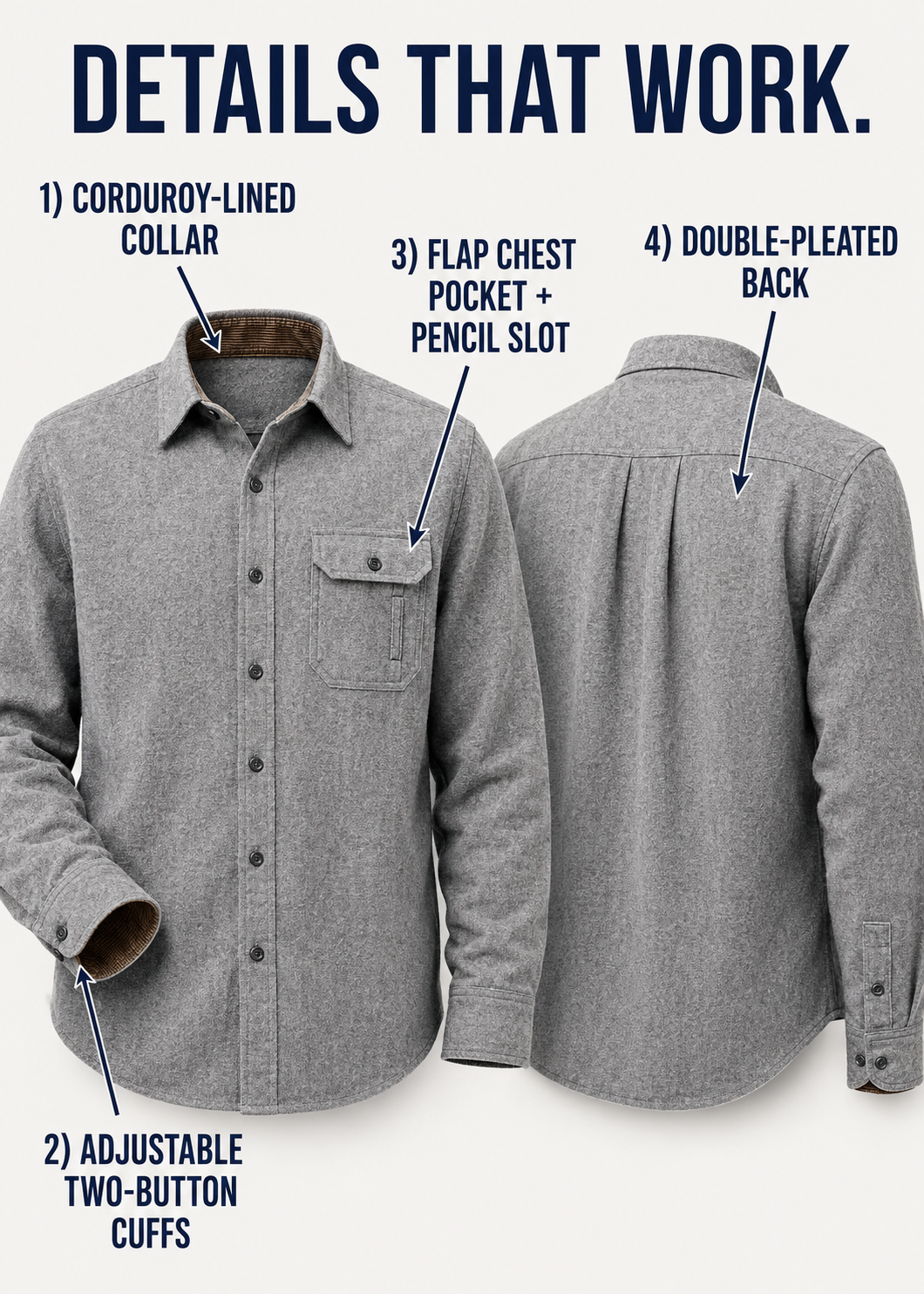 Flannel shirt corduroy collar cuff chest pocket and double-pleated back construction