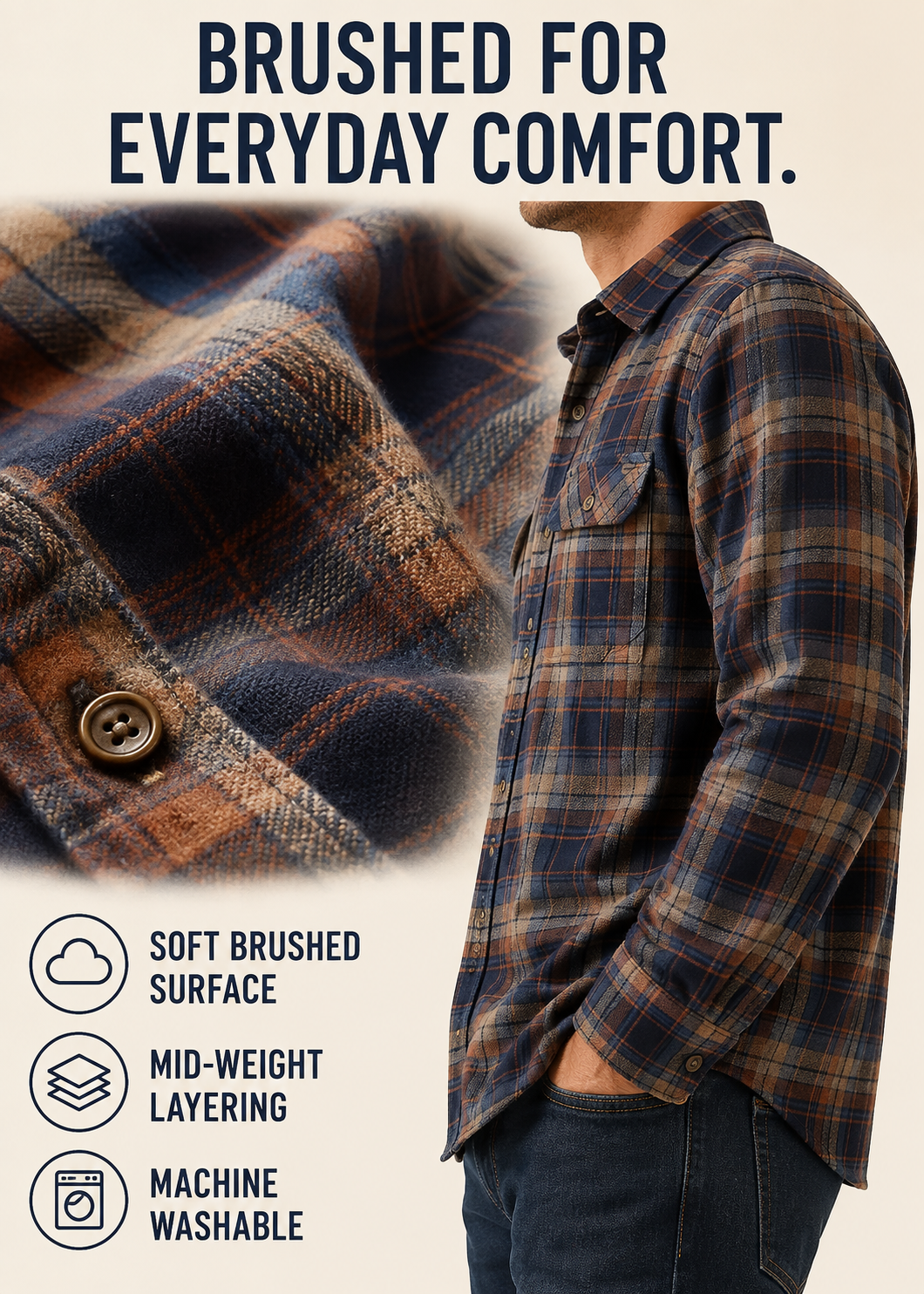 Soft brushed cotton mid-weight layering comfort