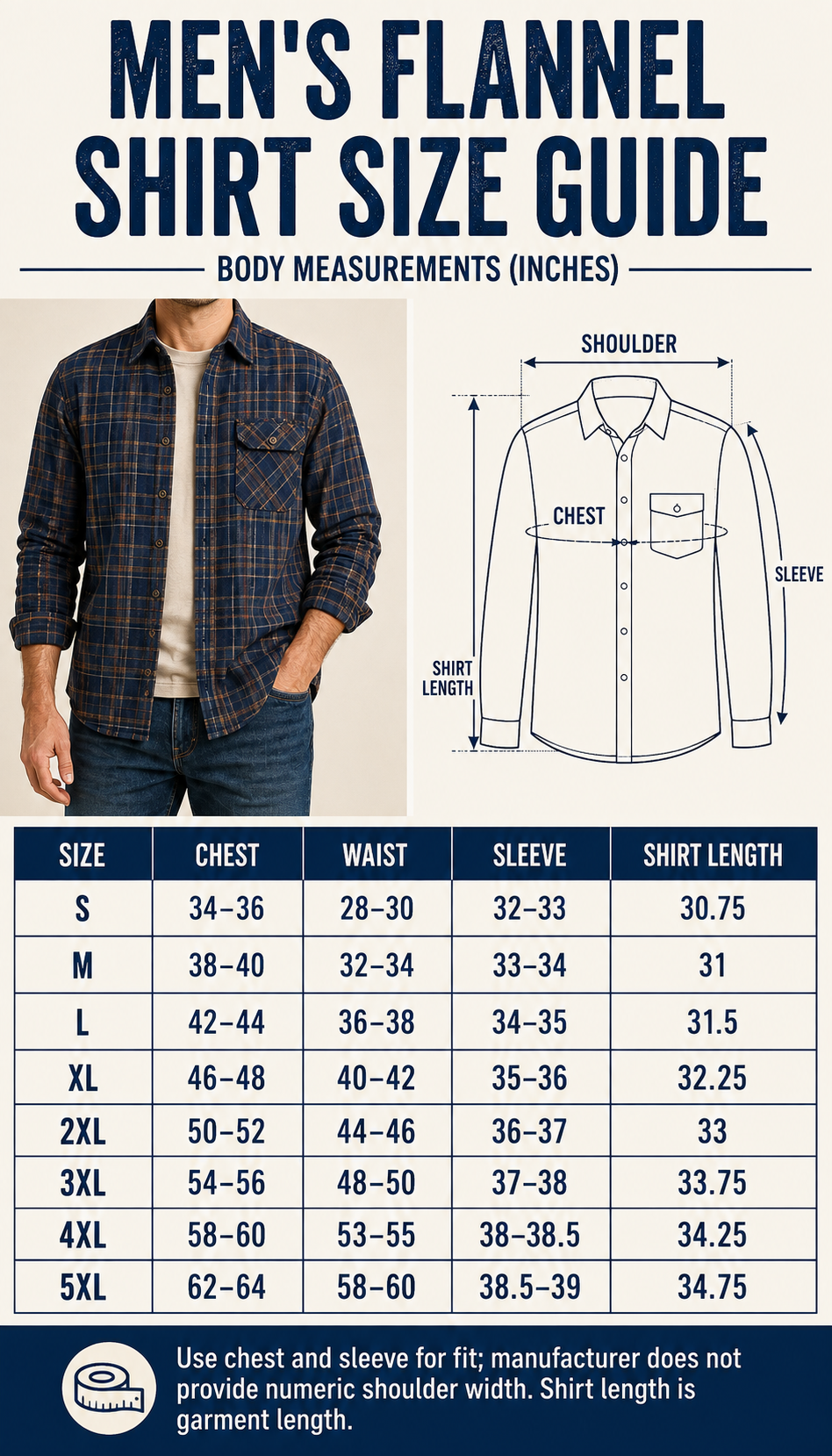 Men flannel shirt body measurement size guide S through 5XL