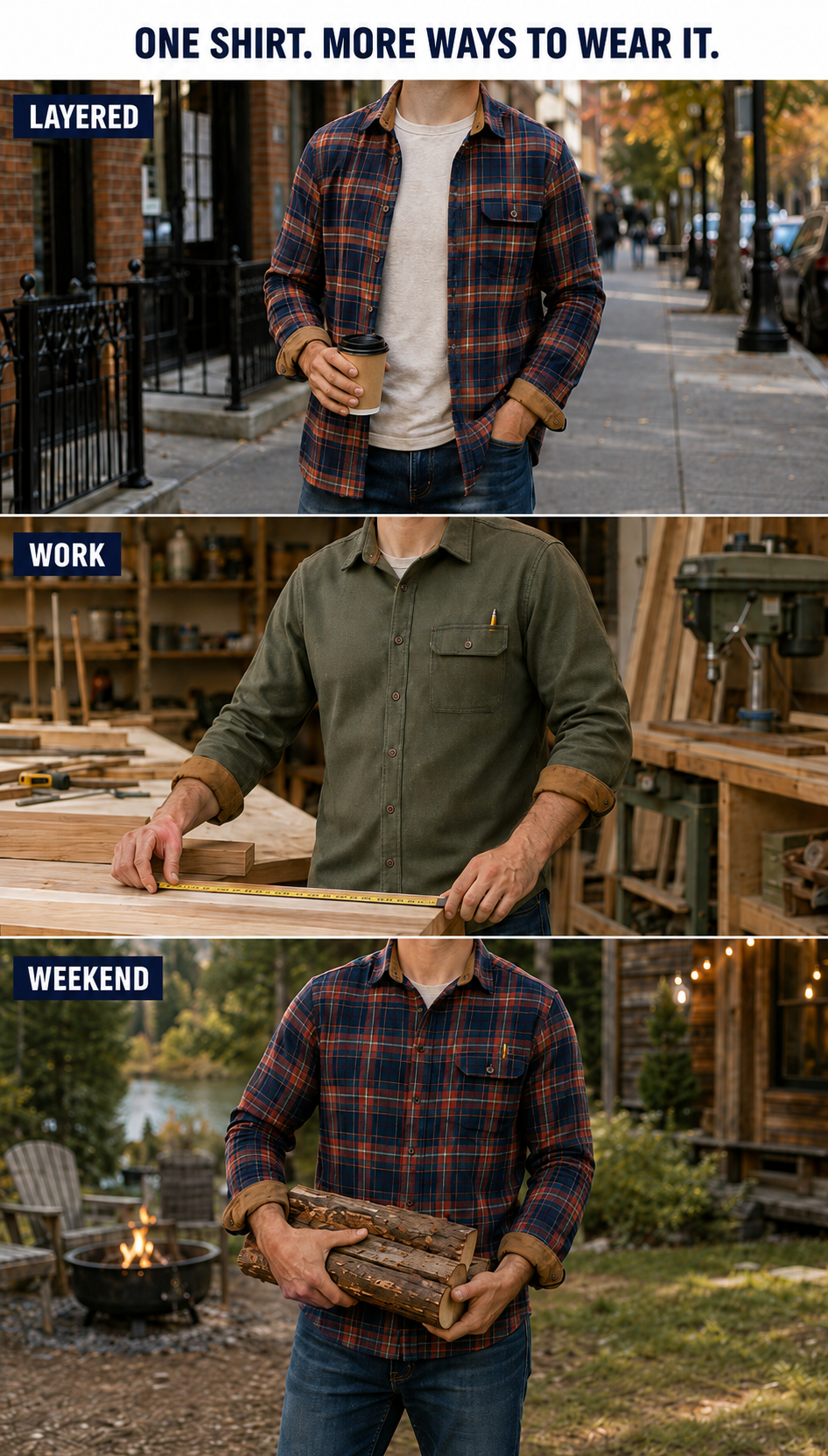 Faceless models show layered, work and weekend flannel styling