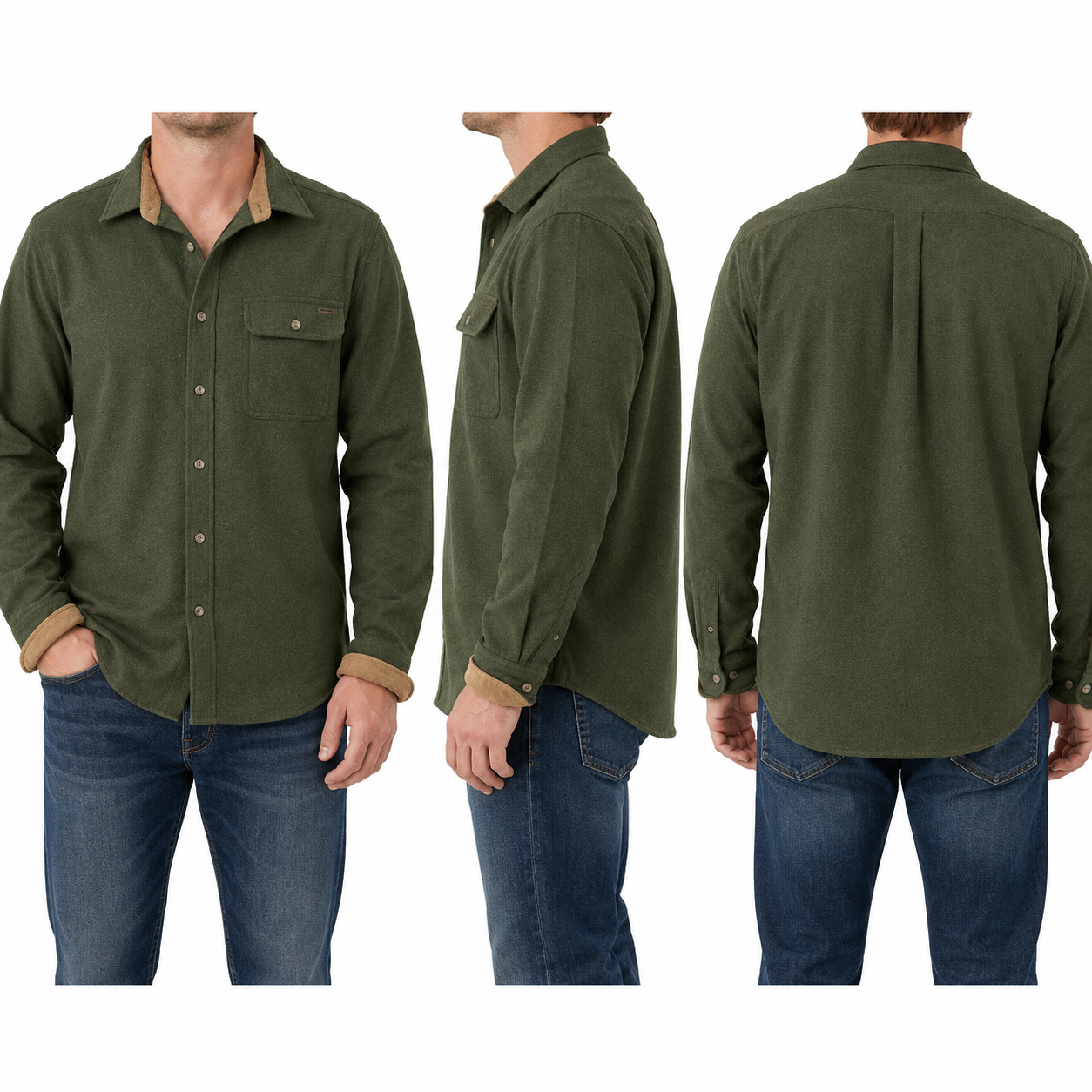 Army green solid flannel shirt front side and back fit views