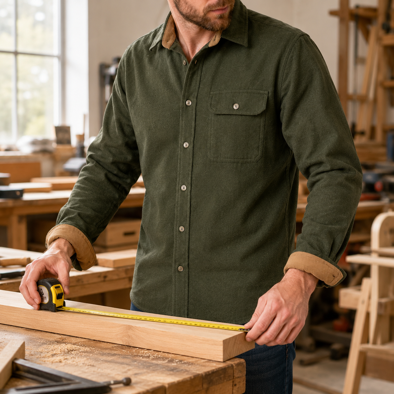 Army green solid flannel shirt worn in a woodworking workshop