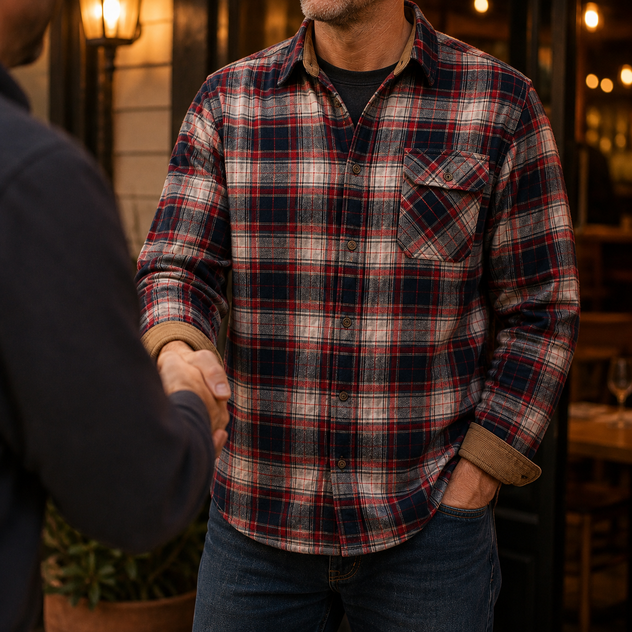 Red navy plaid flannel shirt worn for a casual dinner