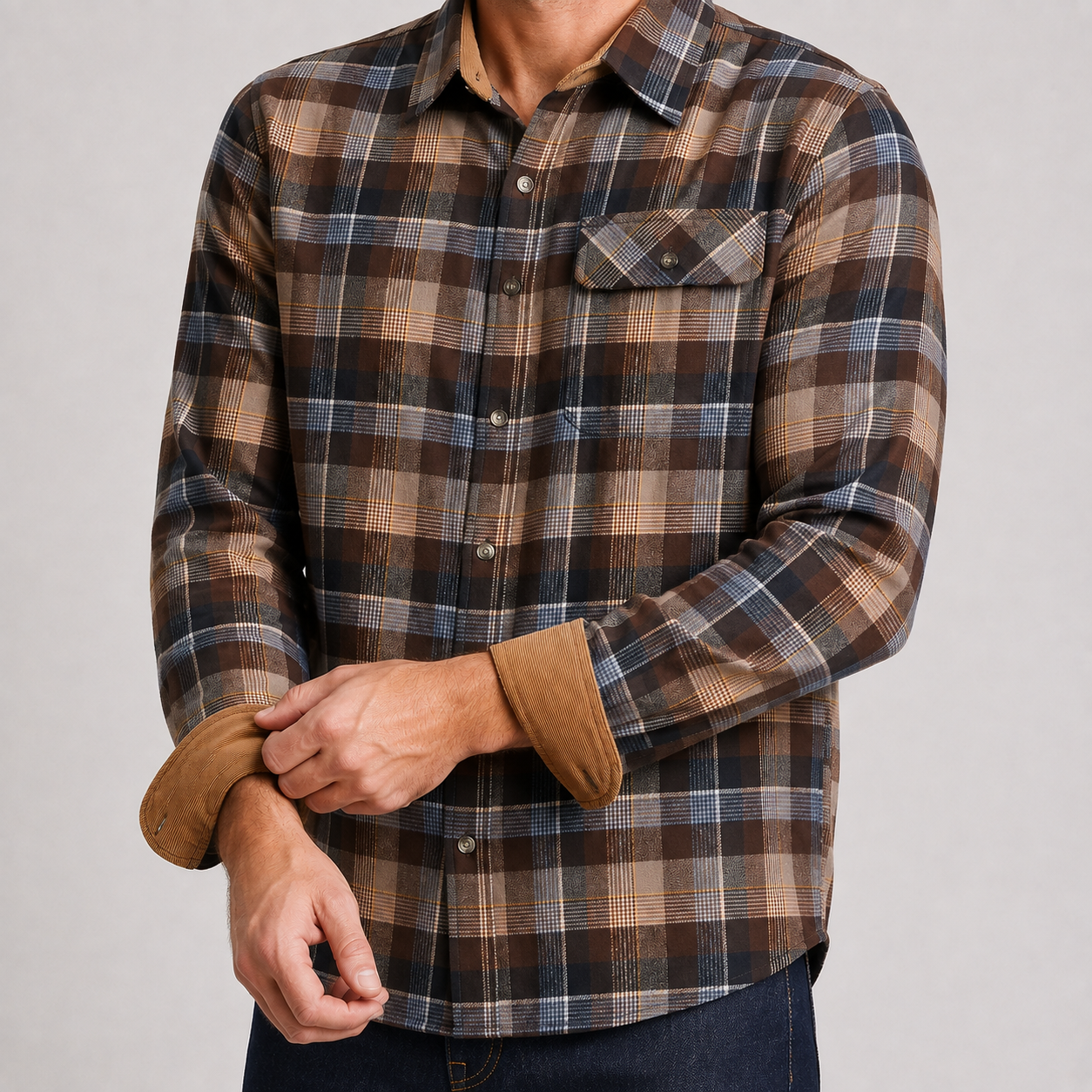 Close on-body flannel shirt collar chest pocket and relaxed drape