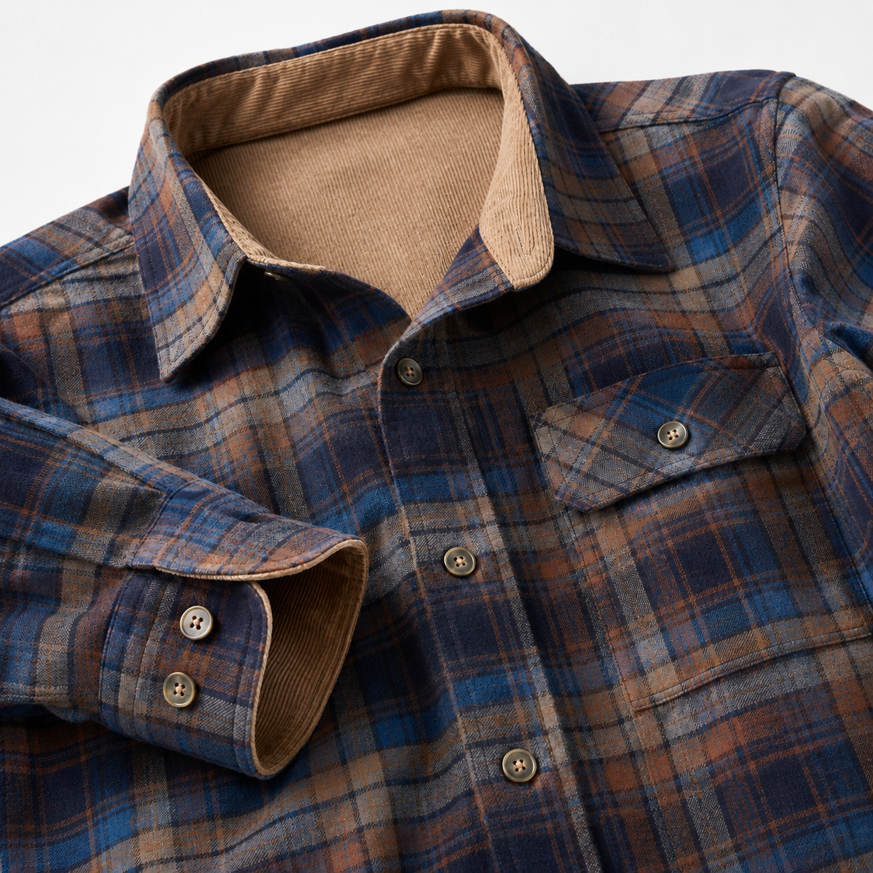 Corduroy-lined collar and adjustable two-button cuff details