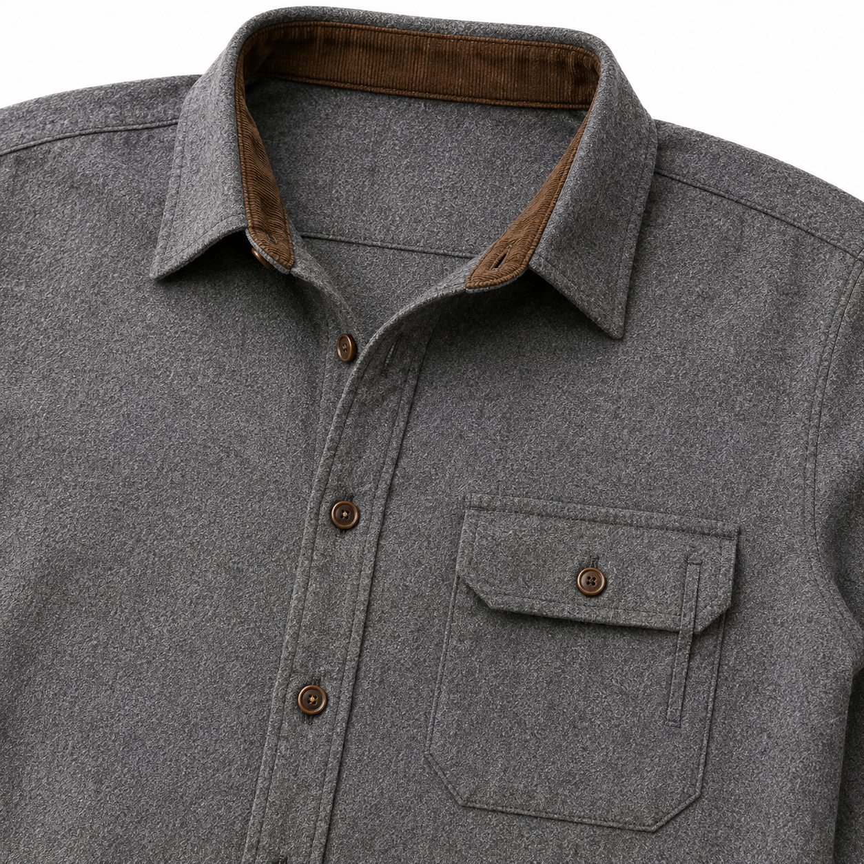 Gray heather solid flannel chest flap pocket pencil slot and button placket
