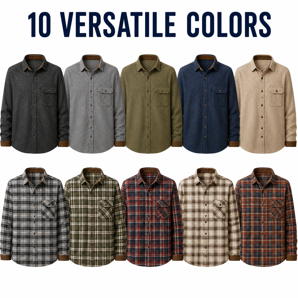 Five solid and five plaid brushed cotton flannel shirt colors