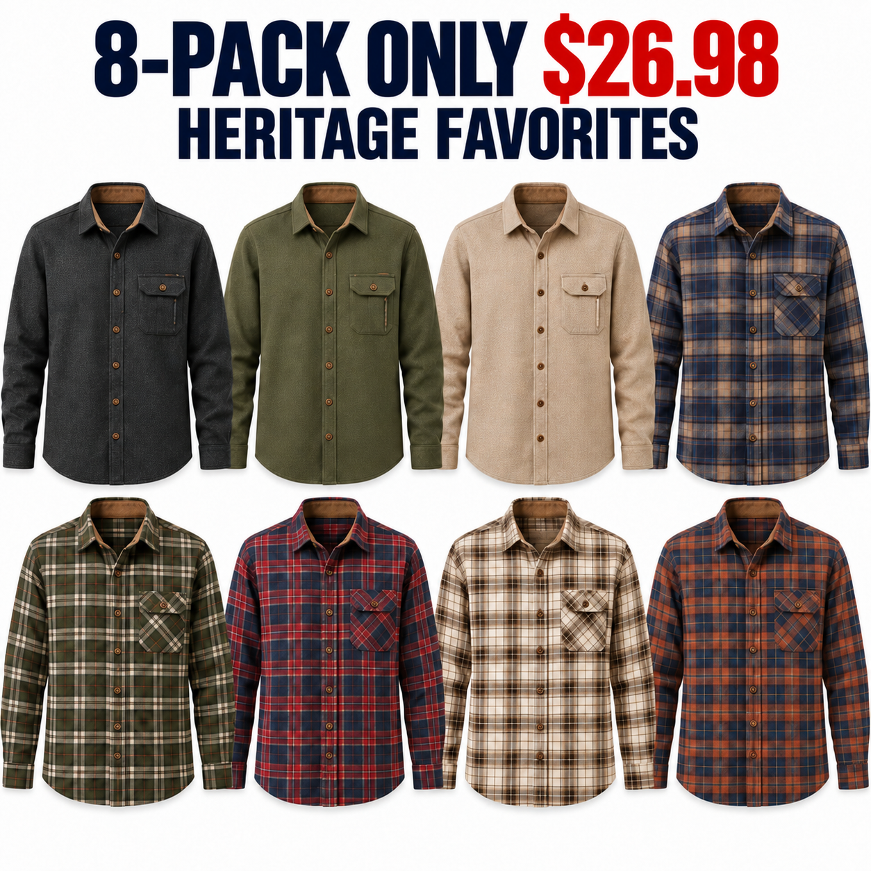 8-Pack Heritage Mix brushed cotton flannel shirts, Only $26.98