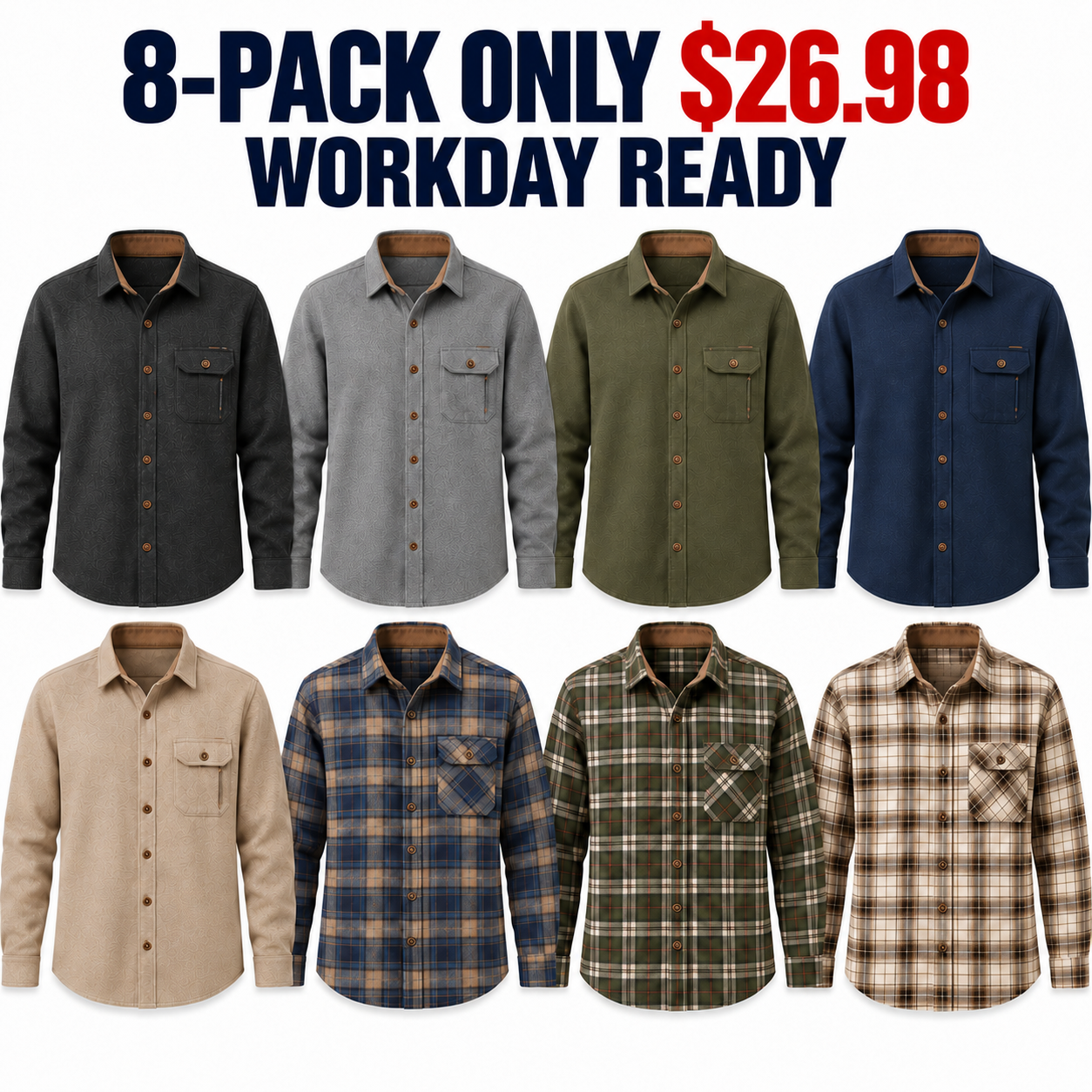 8-Pack Workday Neutrals brushed cotton flannel shirts, Only $26.98