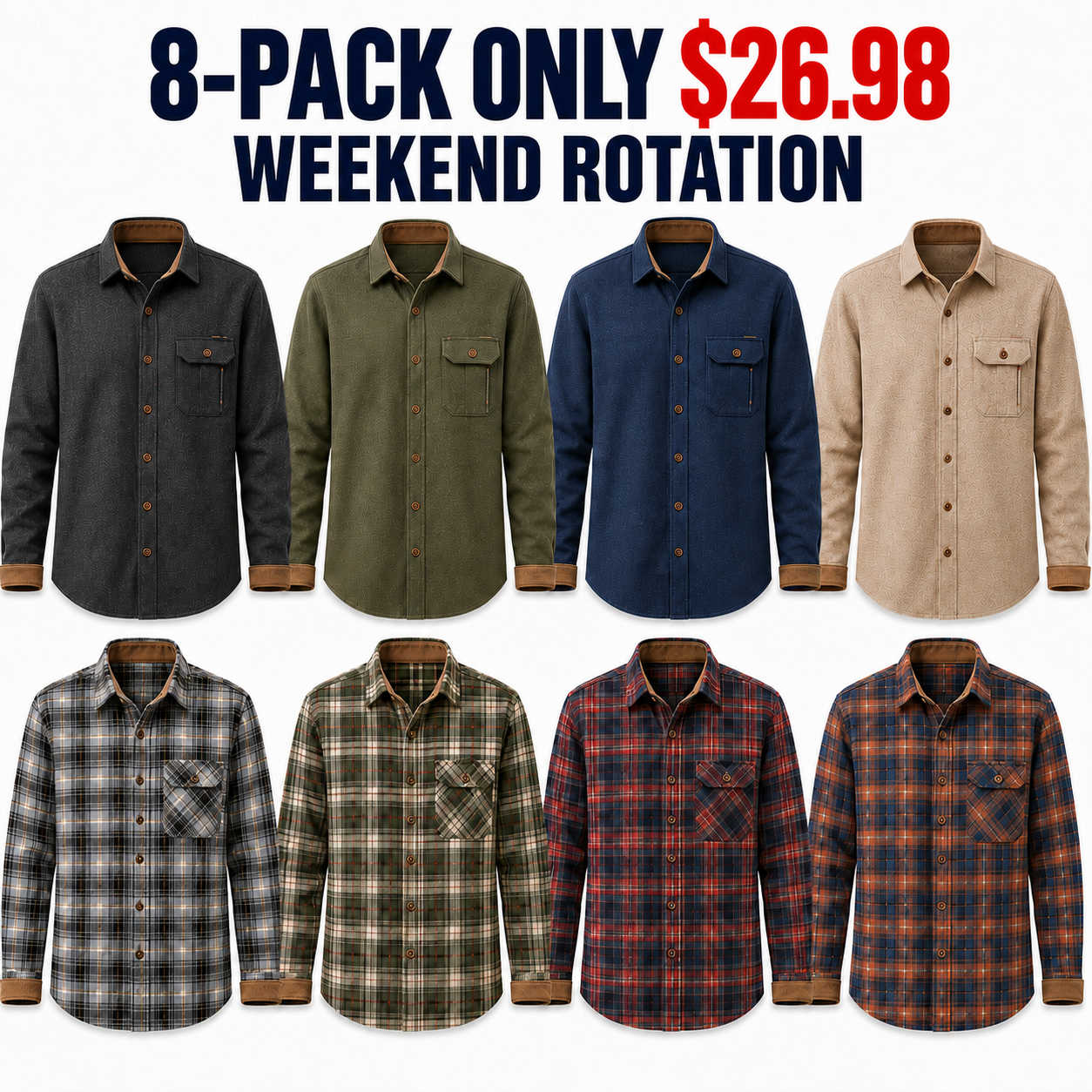 8-Pack Weekend Rotation brushed cotton flannel shirts, Only $26.98