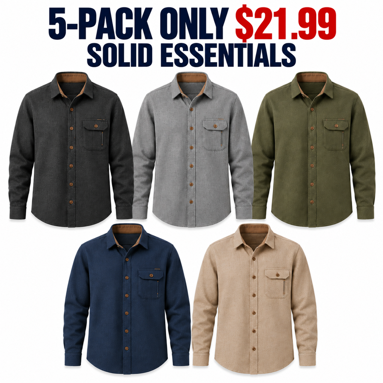 5-Pack Solid Core brushed cotton flannel shirts, Only $21.99
