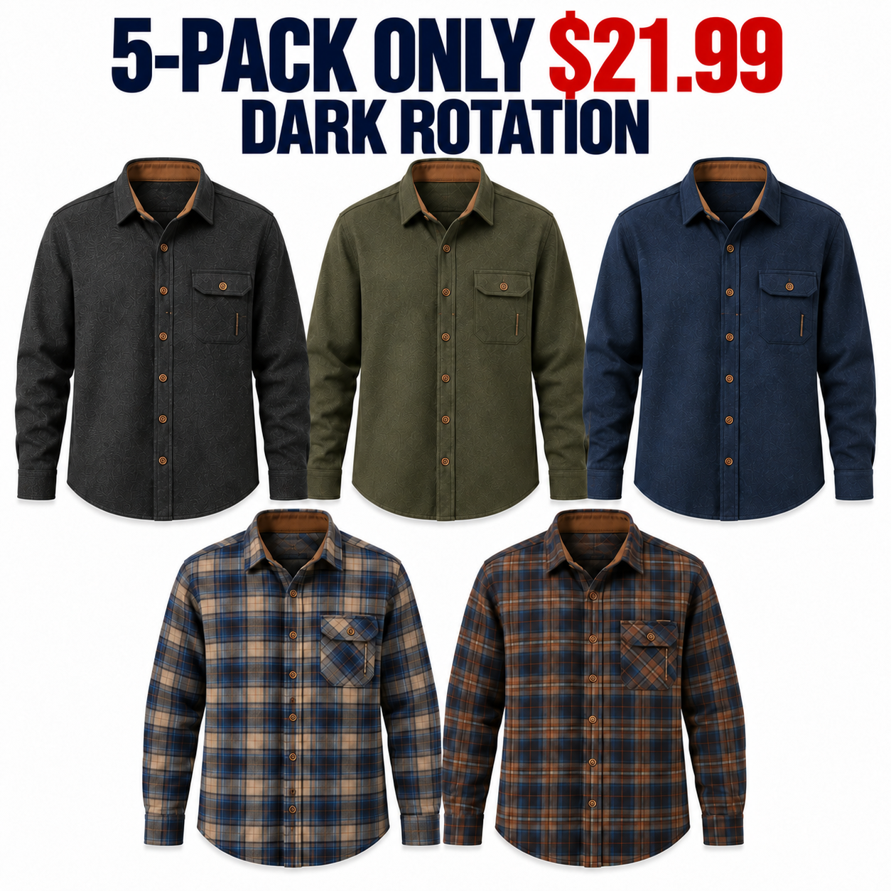 5-Pack Dark Rotation brushed cotton flannel shirts, Only $21.99