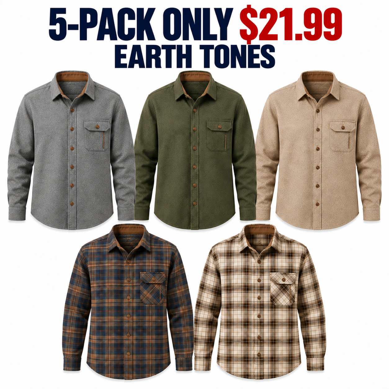 5-Pack Earth Tones brushed cotton flannel shirts, Only $21.99