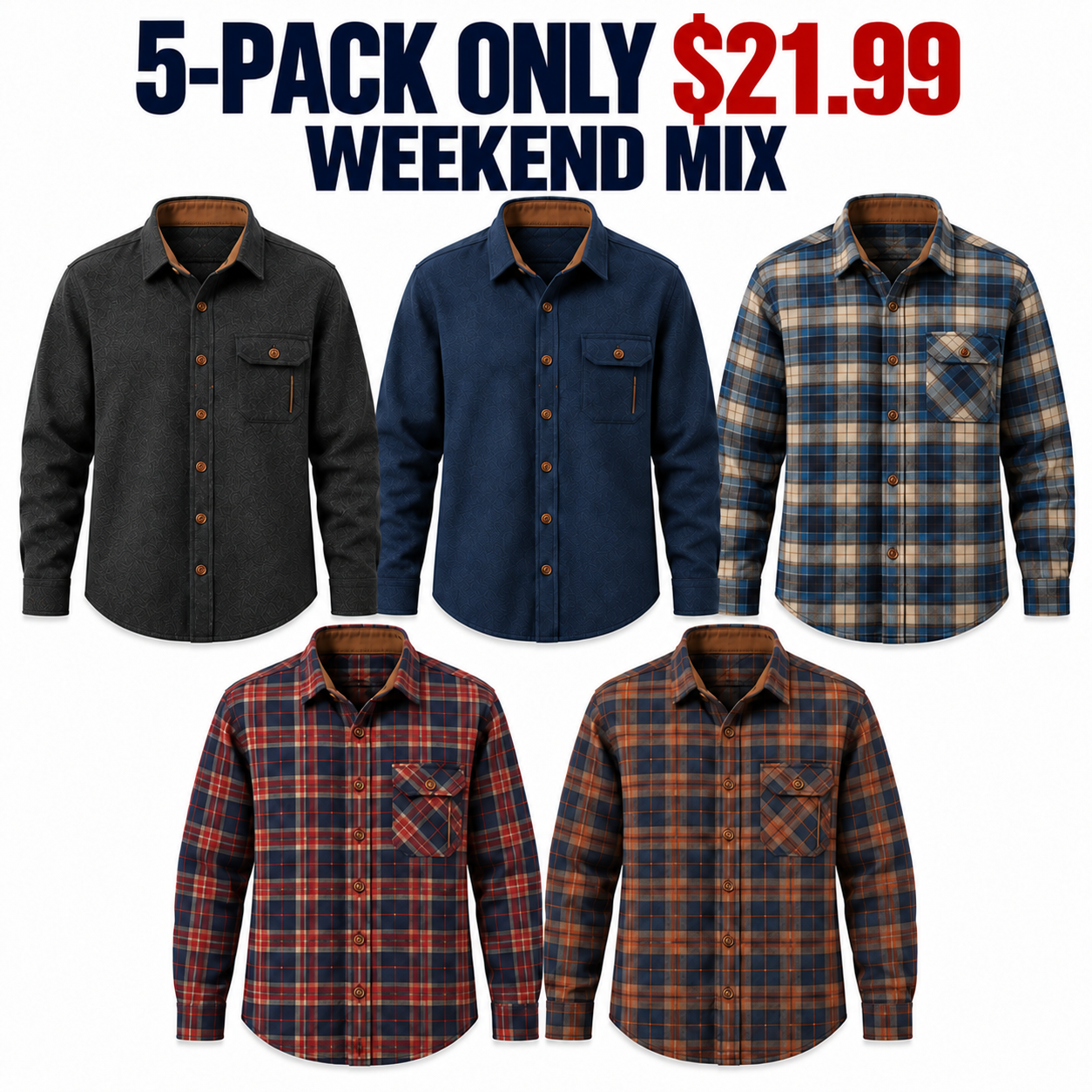 5-Pack Weekend Mix brushed cotton flannel shirts, Only $21.99