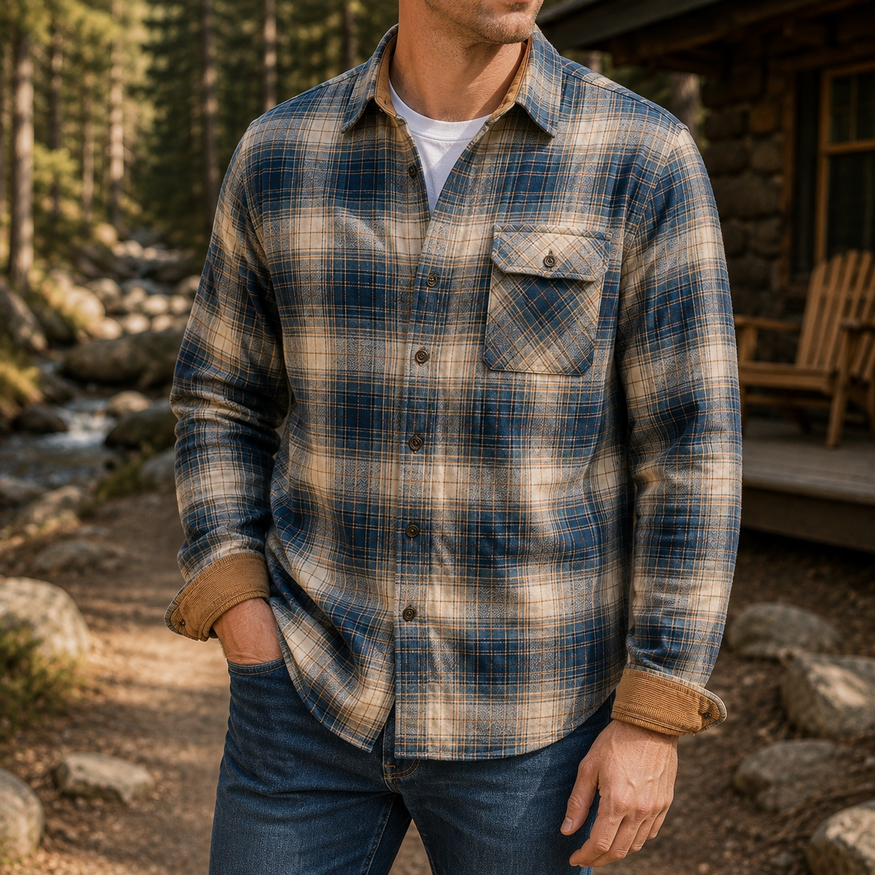 Shale plaid flannel shirt with one left button-flap pocket worn outdoors