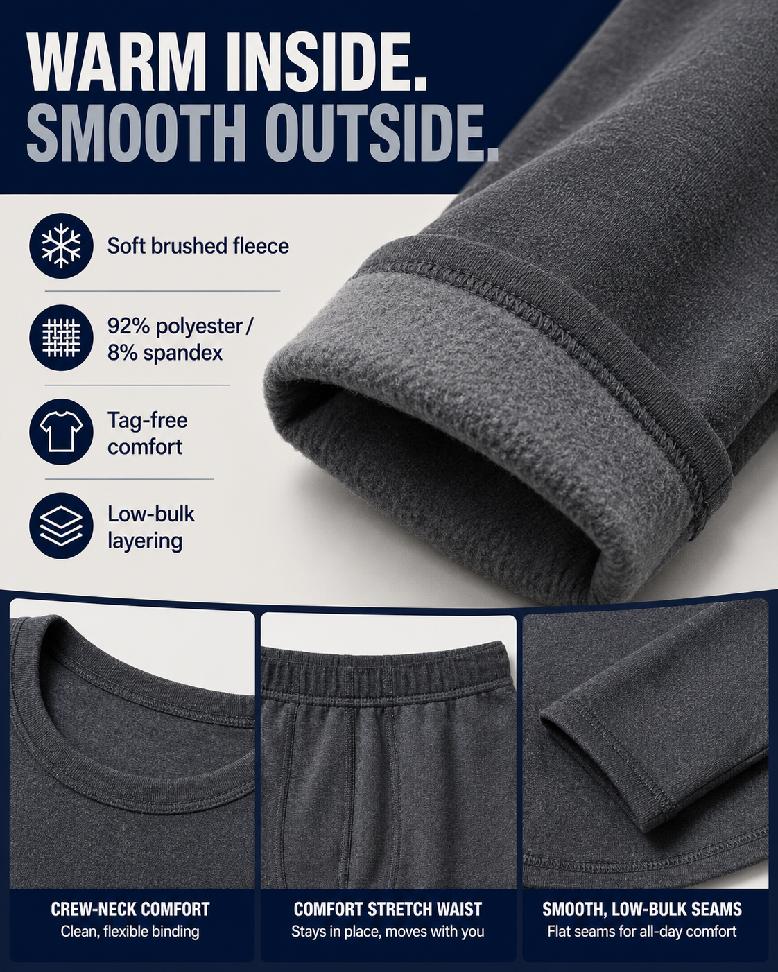 Brushed fleece material and thermal underwear construction