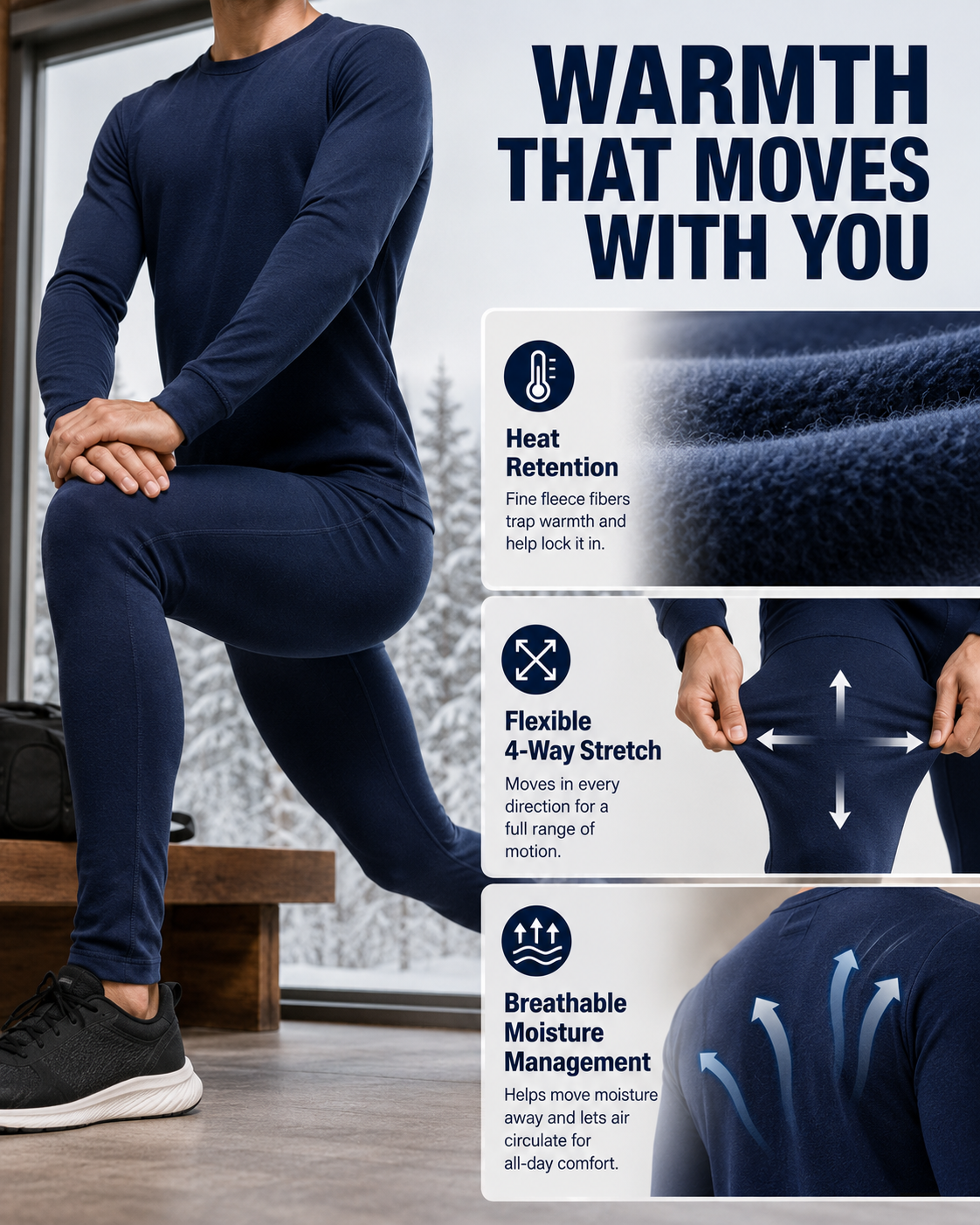 Four-way stretch moisture-wicking and heat-retention functions