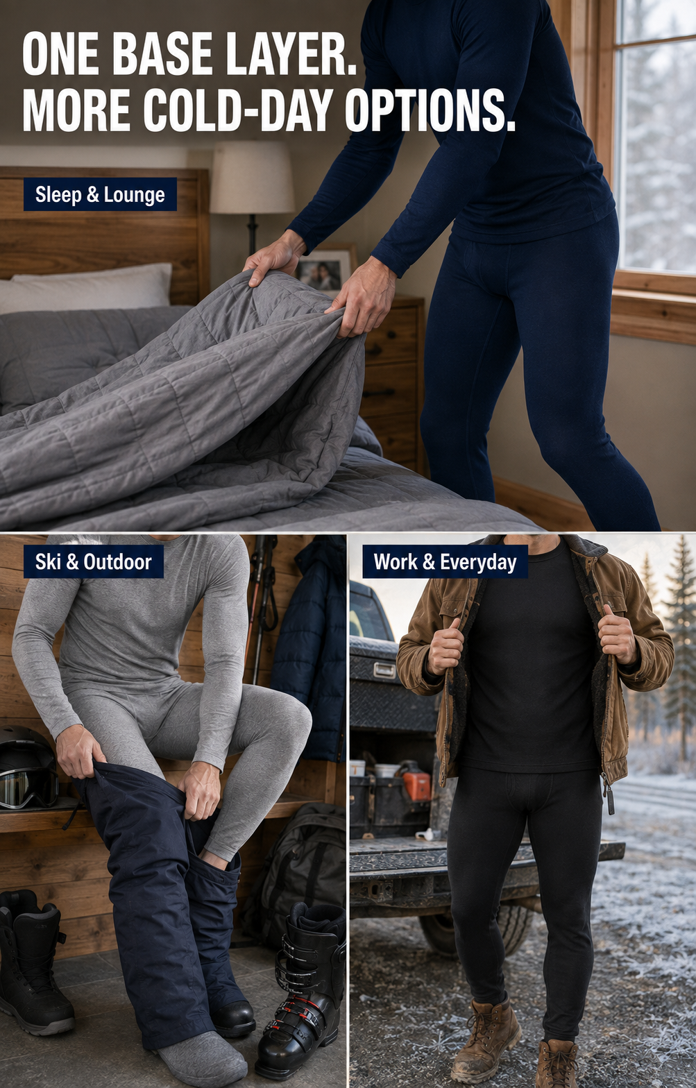 Thermal underwear home winter commute and outdoor preparation scenes