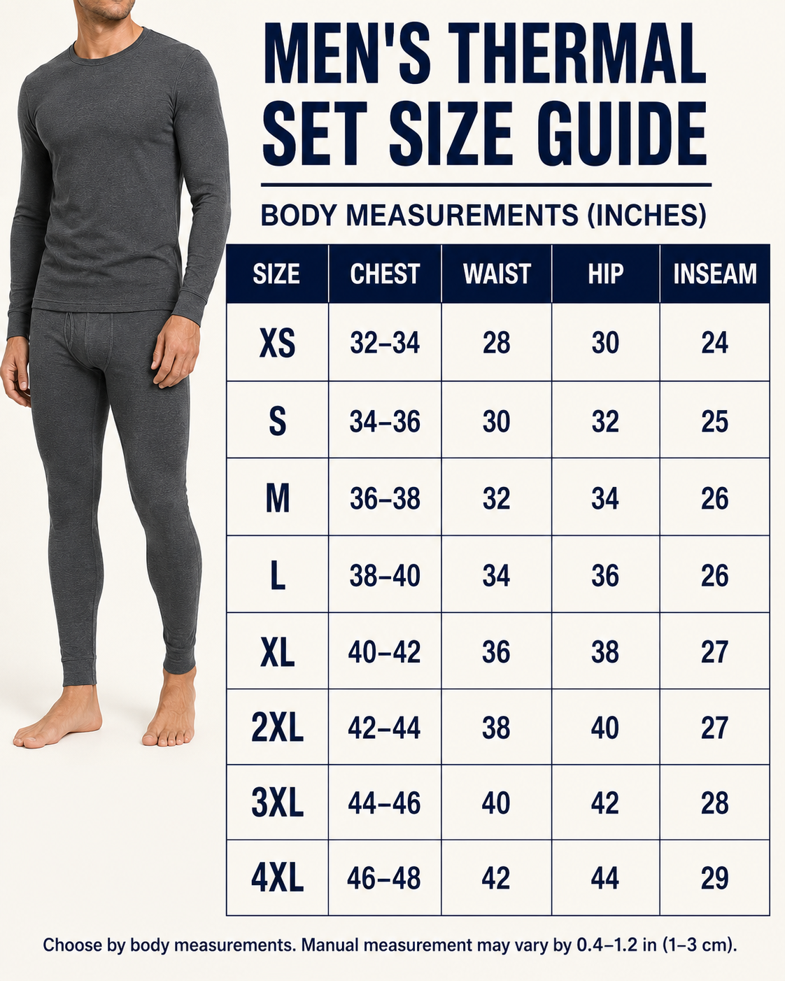 Men thermal underwear body measurement size guide XS through 4XL