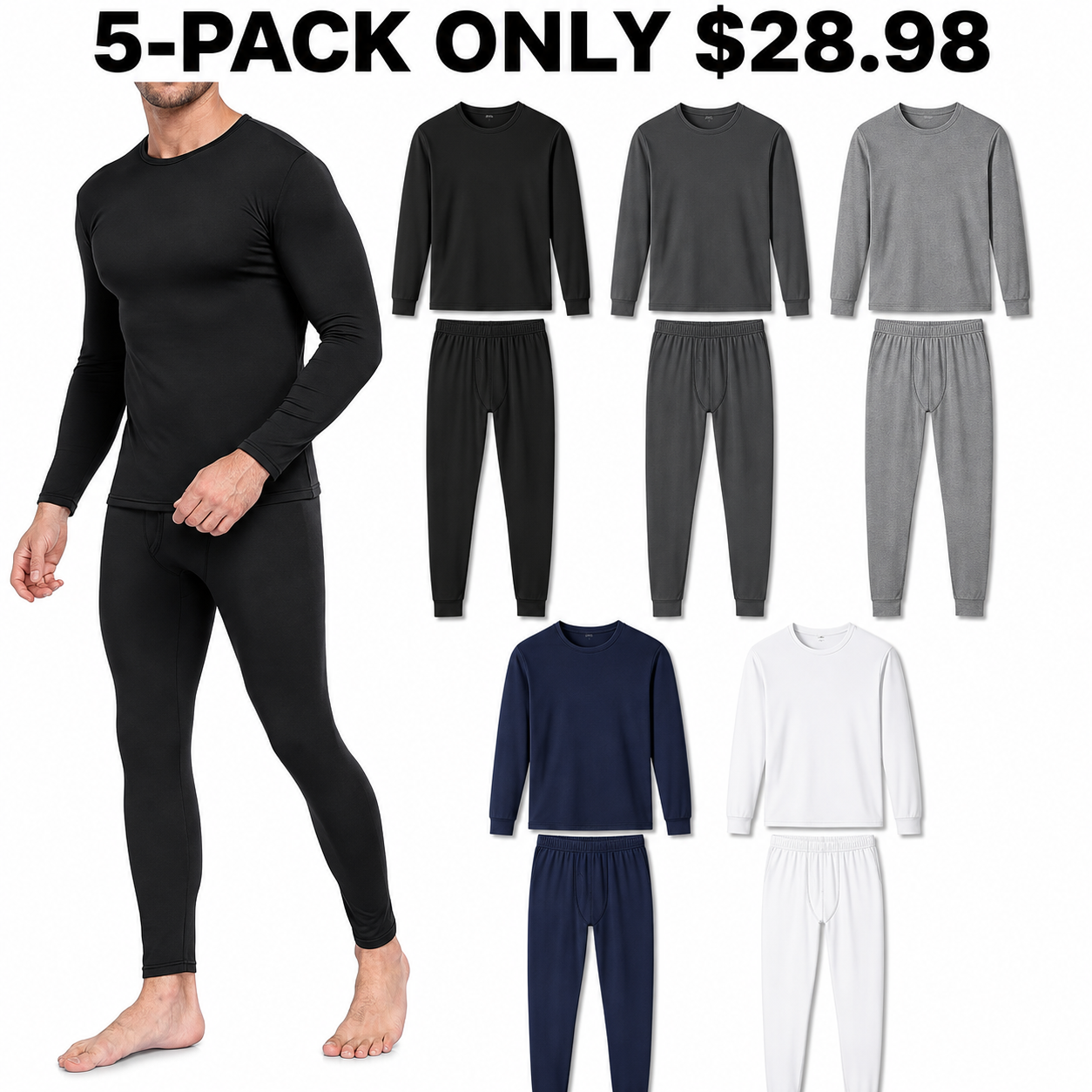5-Pack Complete Color Rotation fleece-lined thermal underwear sets, Only $28.98