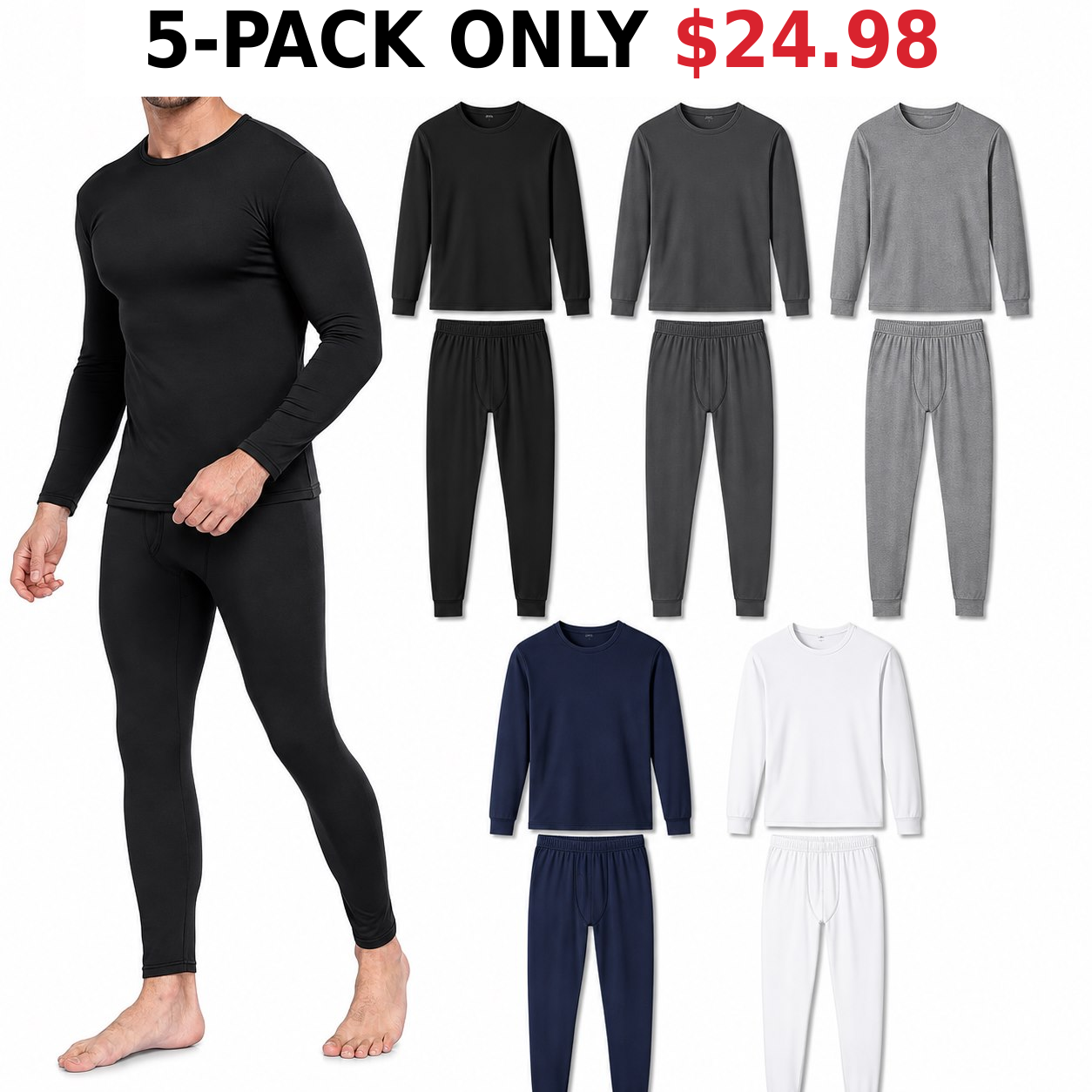 5-Pack Complete Color Rotation fleece-lined thermal underwear sets, Only $24.98