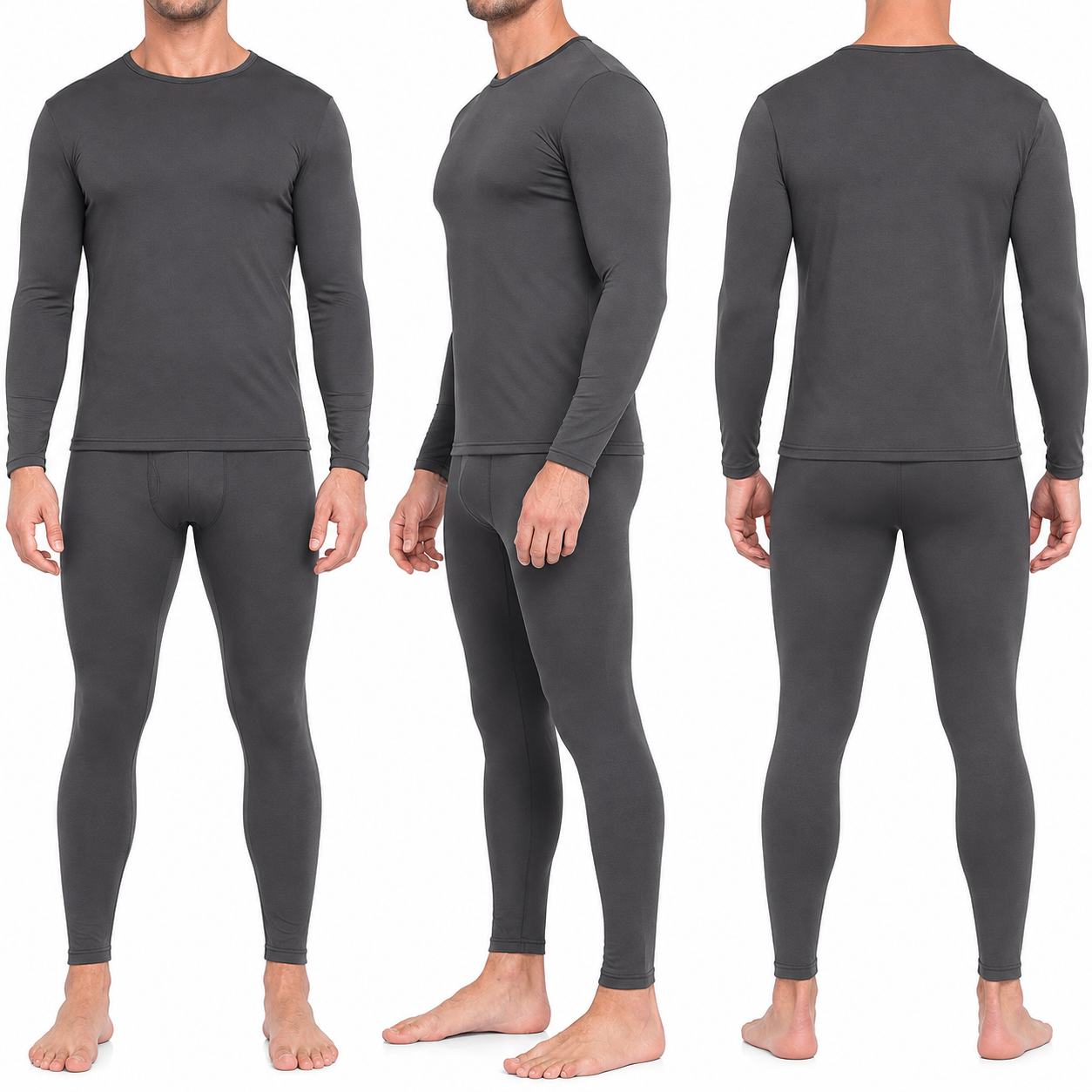 Charcoal fleece-lined thermal underwear set front side and back fit views