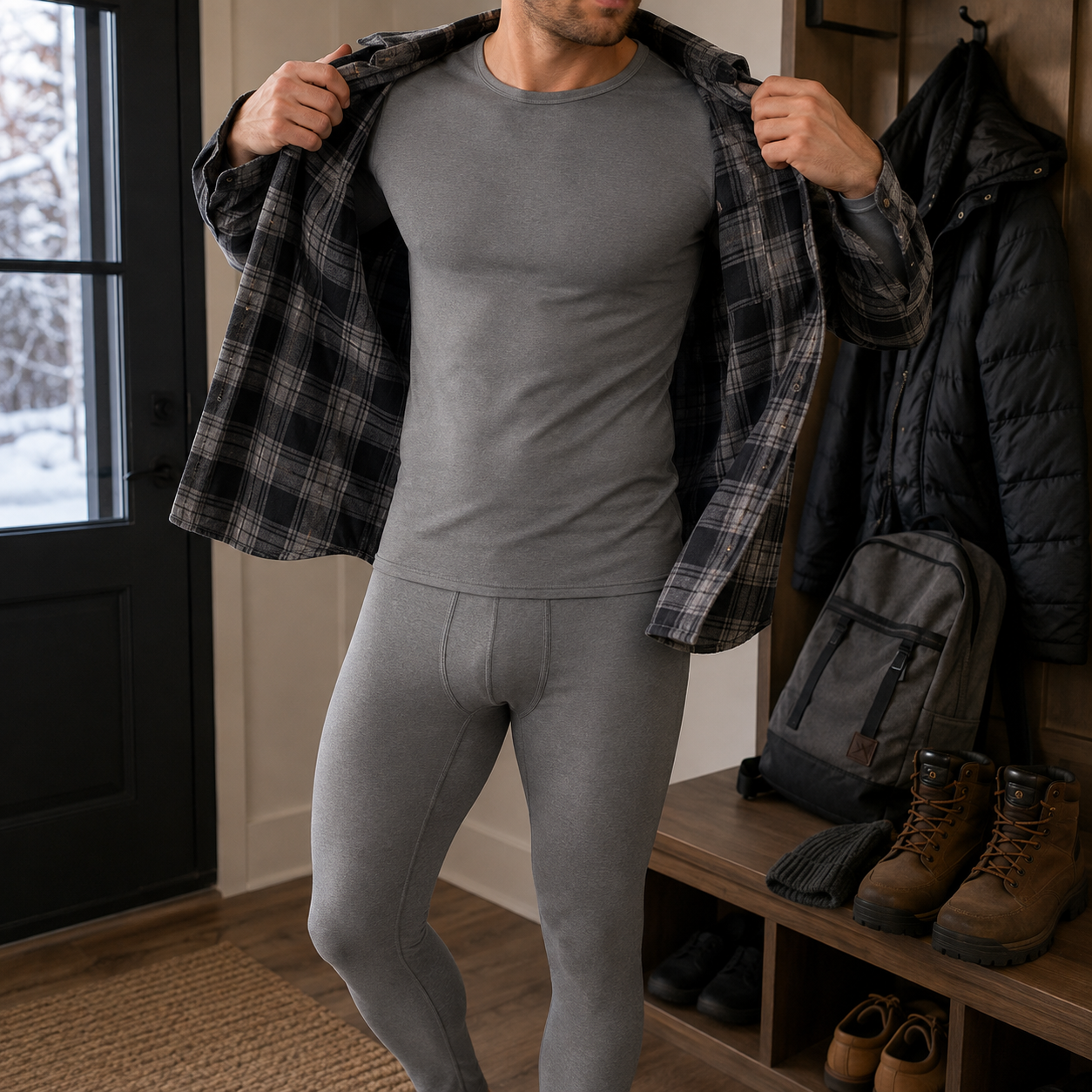 Grey thermal underwear set worn as a winter base layer